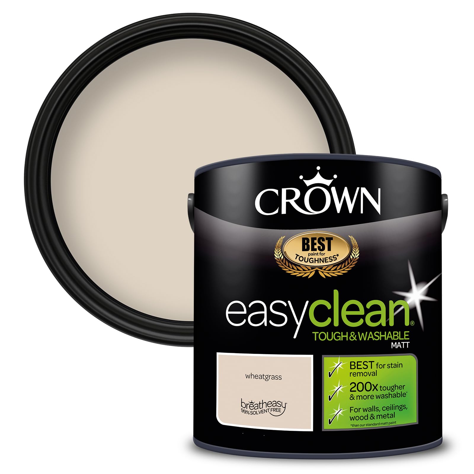Crown Wheatgrass - Washable Matt Emulsion Paint for Walls and Ceilings - Stain Resistant - Warm Beige Finish - Hallway and Playroom - Water Based, Low Odour Paint - 2.5L