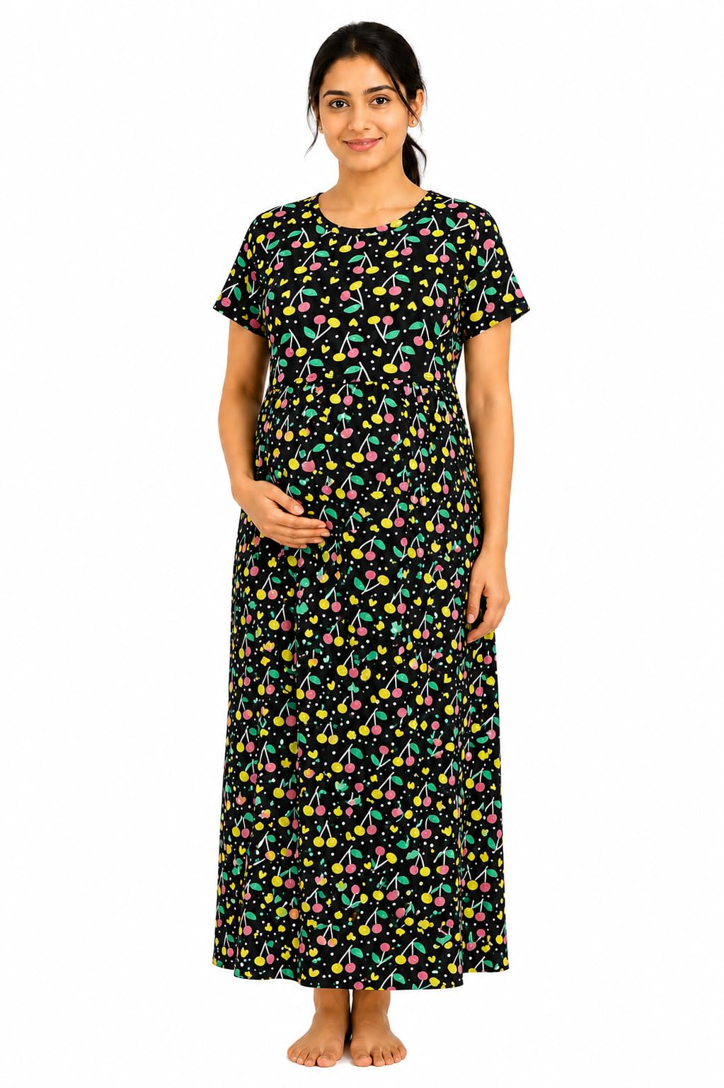 Women's Cherry Print Maternity & Feeding Maxi Nightwear Dress with Pocket-image-24