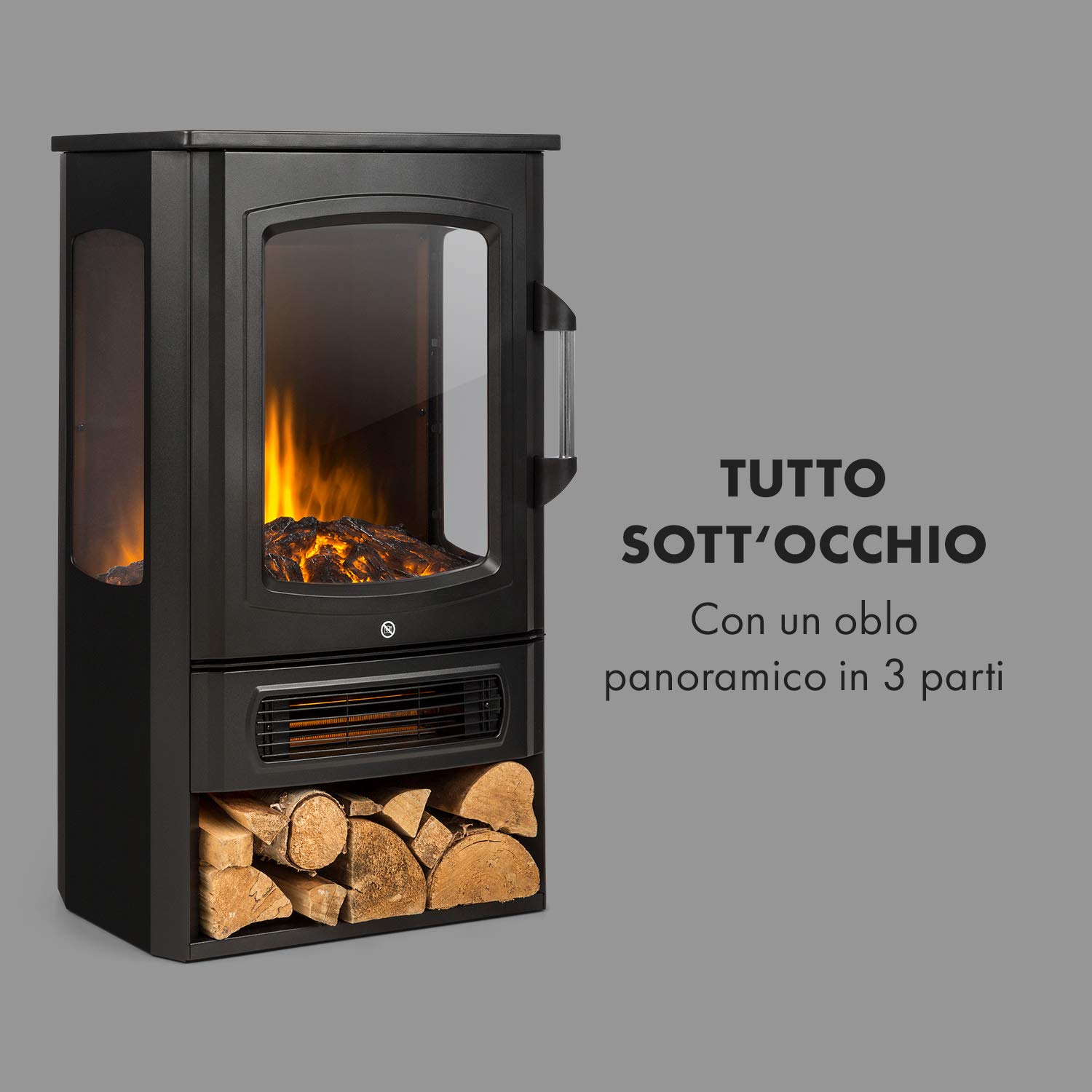 Klarstein Camino Elettrico, Caminetto Elettrico 2000 W, Camino Finto a Riscaldamento Elettrico a Basso Consumo, Fuoco Finto LED, Spazio per Legna, Termocamino, Termostato