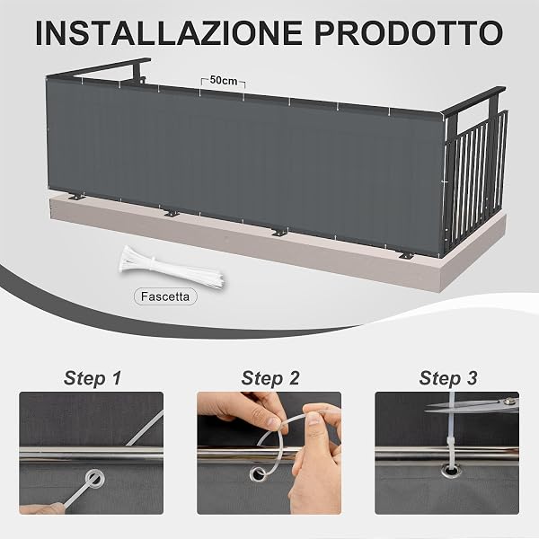 HENG FENG Frangivisto per Balcone 1.2x3m, 160g/㎡ PES Telo Balcone ringhiera,Protezione Privacy, Anti-UV, Impermeabile,Resistente al Vento, con Cinghie, Antracite - 4