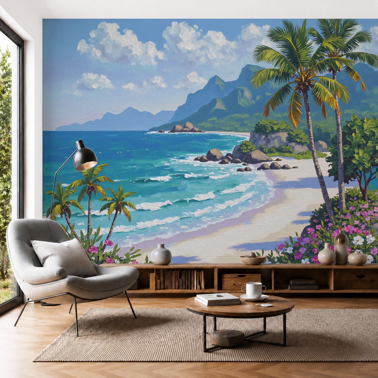 Papier peint soie paysages insulaires pour agrandir un salon sombre