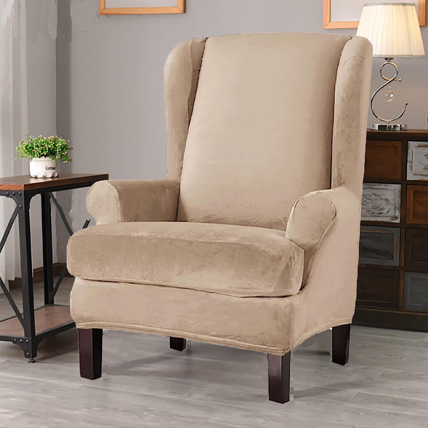 Wingback Coprisedia In Velluto Elasticizzato 2 Pezzi, Con Fondo Elastico, Marrone, Per Poltrona E Sedia - 3