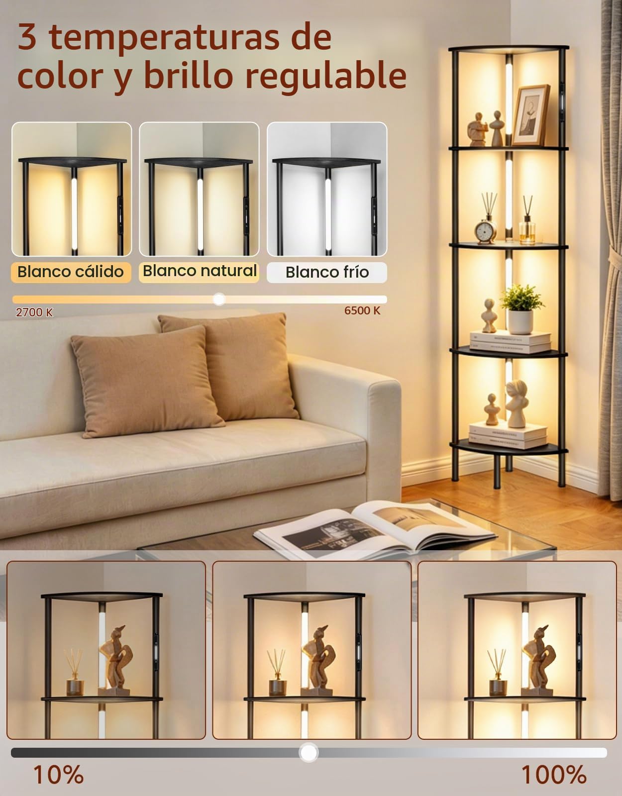 Lámpara de Pie con Estantes LED, Control Táctil y Remoto, Luz Giratoria 360°, 3 Temperaturas de Color, Regulable, Estantería Esquinera para Sala, Dormitorio u Oficina