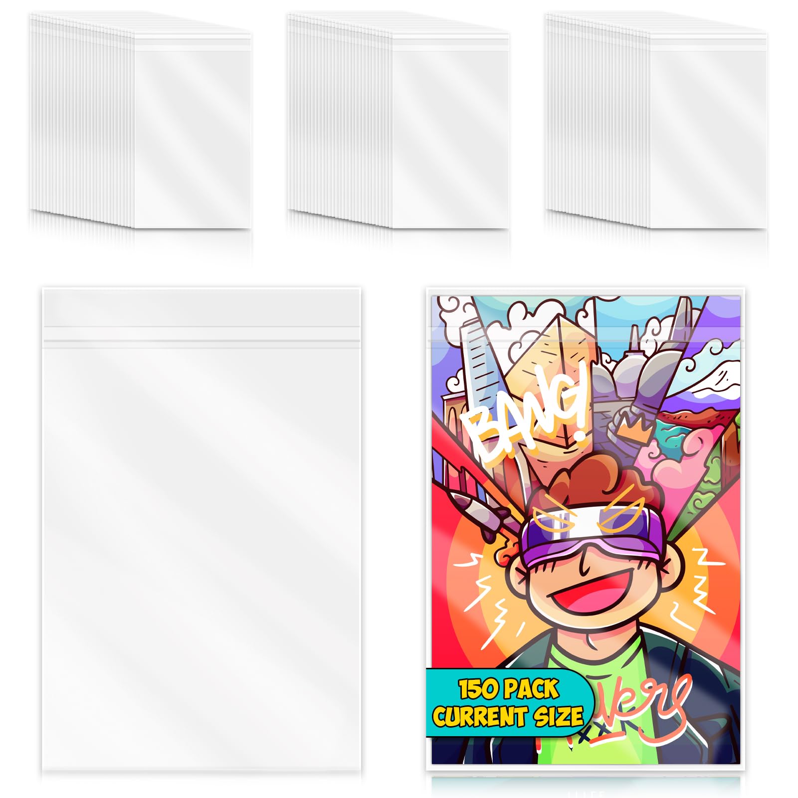 150 Pack Modern Comic Bags Current Size Resealable Comic Book Sleeves Transparent 6.88x10.5 inch Comic Book Storage 3cm Clear Single-Sided 5μm PP