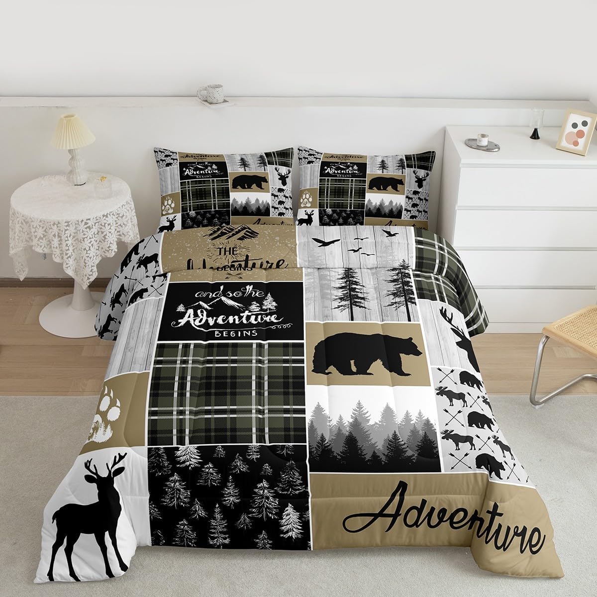 Rustic Cabin Comforter Set For Men, Farmhouse Country Bear Moose Bedding Queen Size, Forest Vintage Wood Decor Quilt Hunting Camping Adventure Themed Bedding Comforter Sets Bear Decor For Home