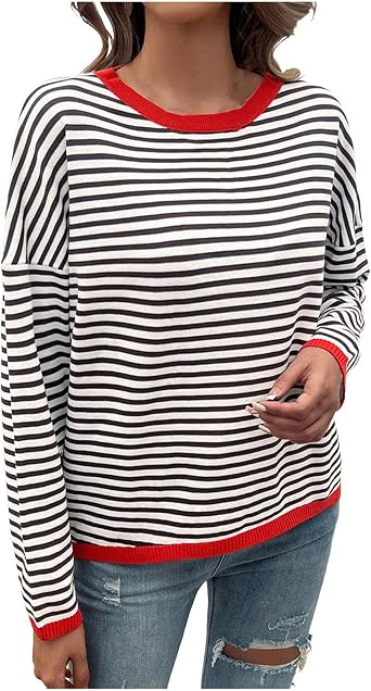 LZPCarra T-shirt à manches longues rayées pour femme - Haut pour femme - Coton - Pull ample - Col rond - Sweat-shirt long - Chemisier - Pull élégant à manches longues