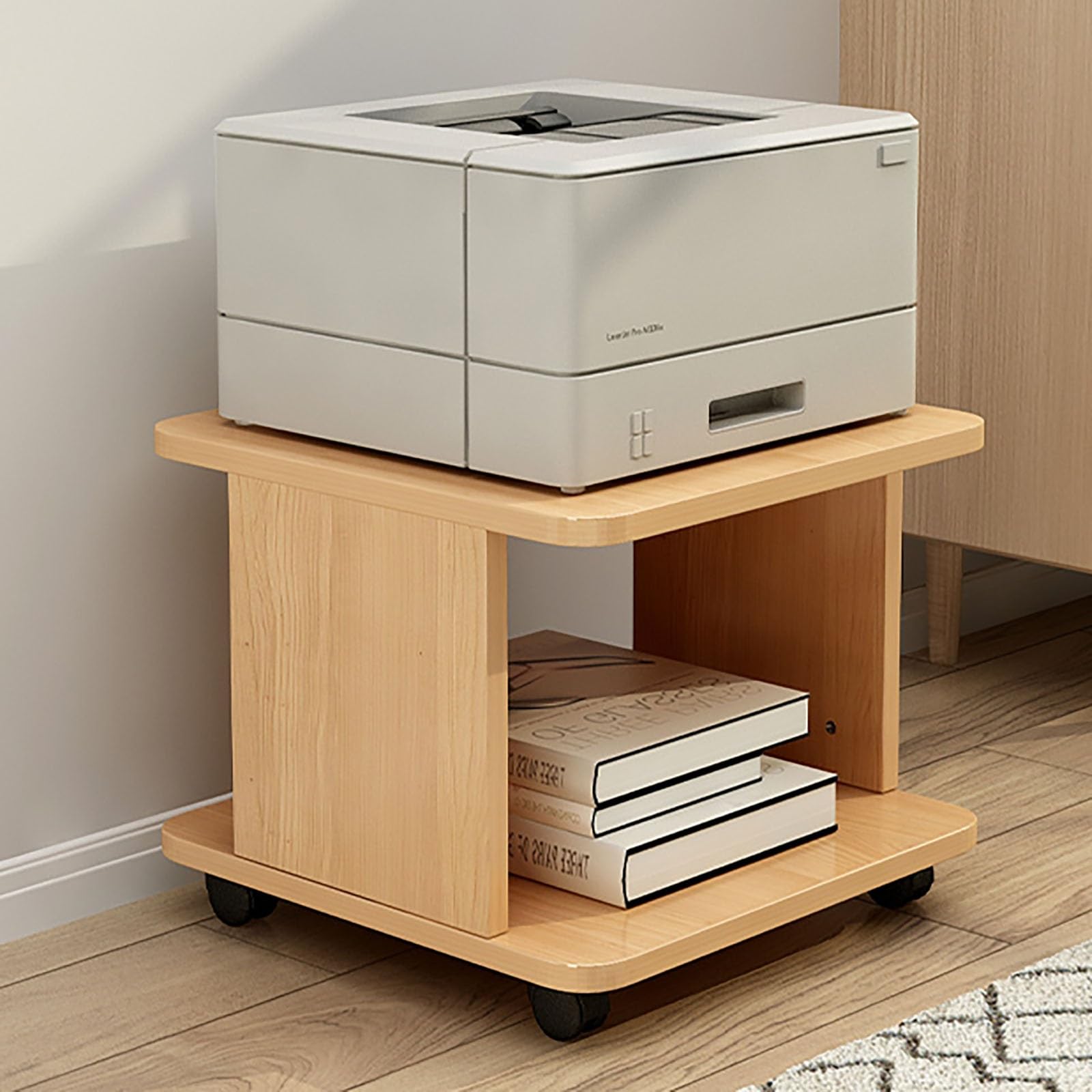Supporto Stampante da Sotto Scrivania con 4 Ruote, Tavolo Stampante a 2 Ripiani, Mensola Piccola e Compatta, Salvaspazio per Ufficio e Casa(Light Brown)
