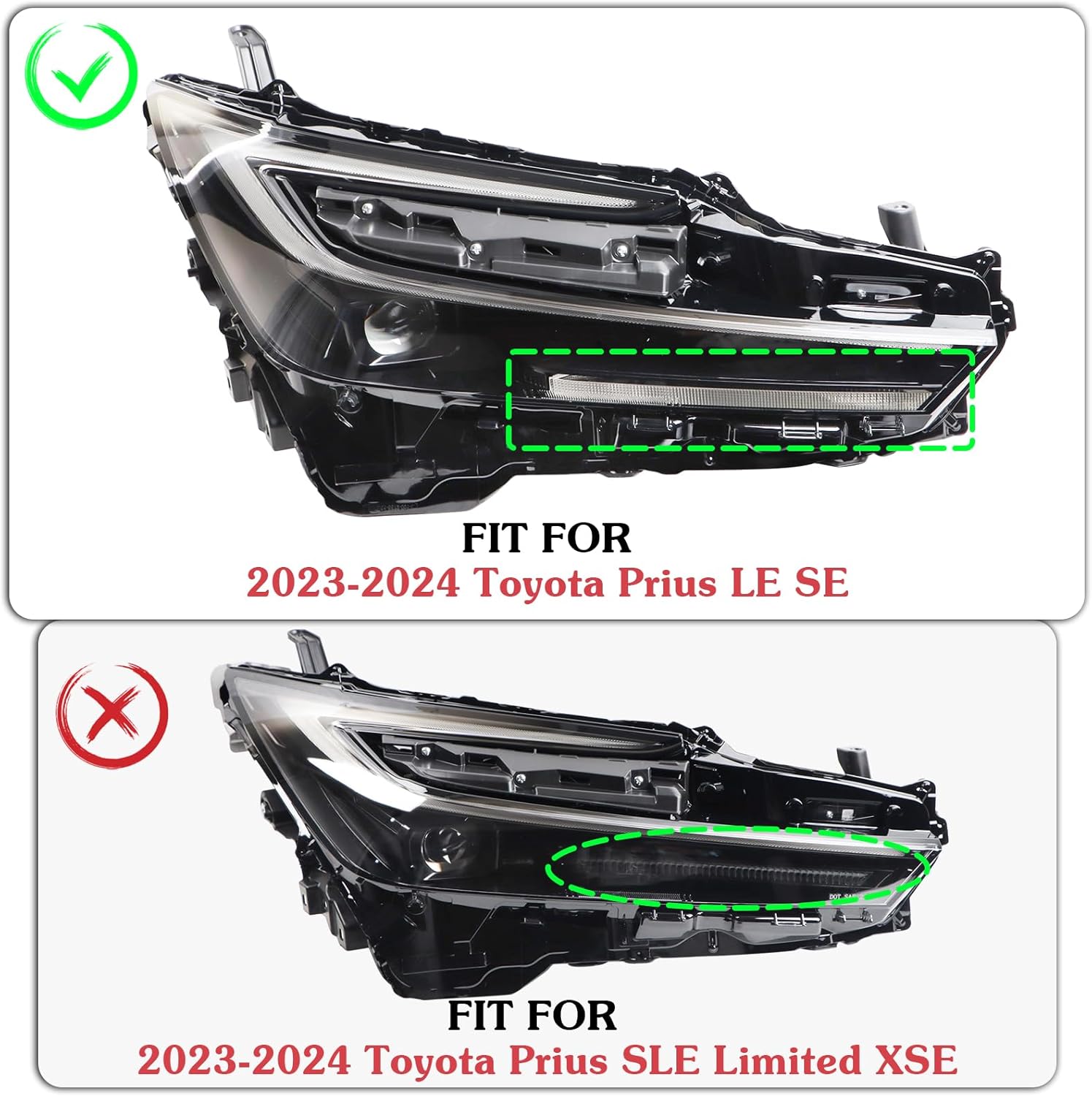 LED Headlights Without Daytime Running Lamp Assembly Compatible with 2023-2024 Toyota Prius LE Prime Hybrid SE Headlamp Right Passenger Side