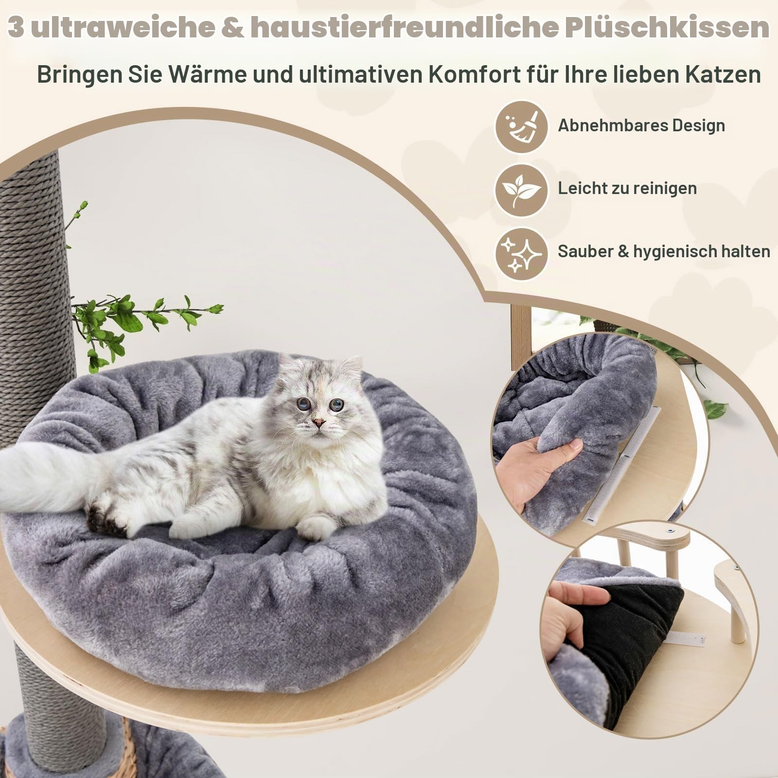 FANTASK Kratzbaum deckenspanner, 236-271 cm, 5 Etagen bis zur Decke reichender Katzenturm, Katzenkratzbaum mit Hängematte & Korb & Bett, Katzen Katzenmöbel Holz (Grau)