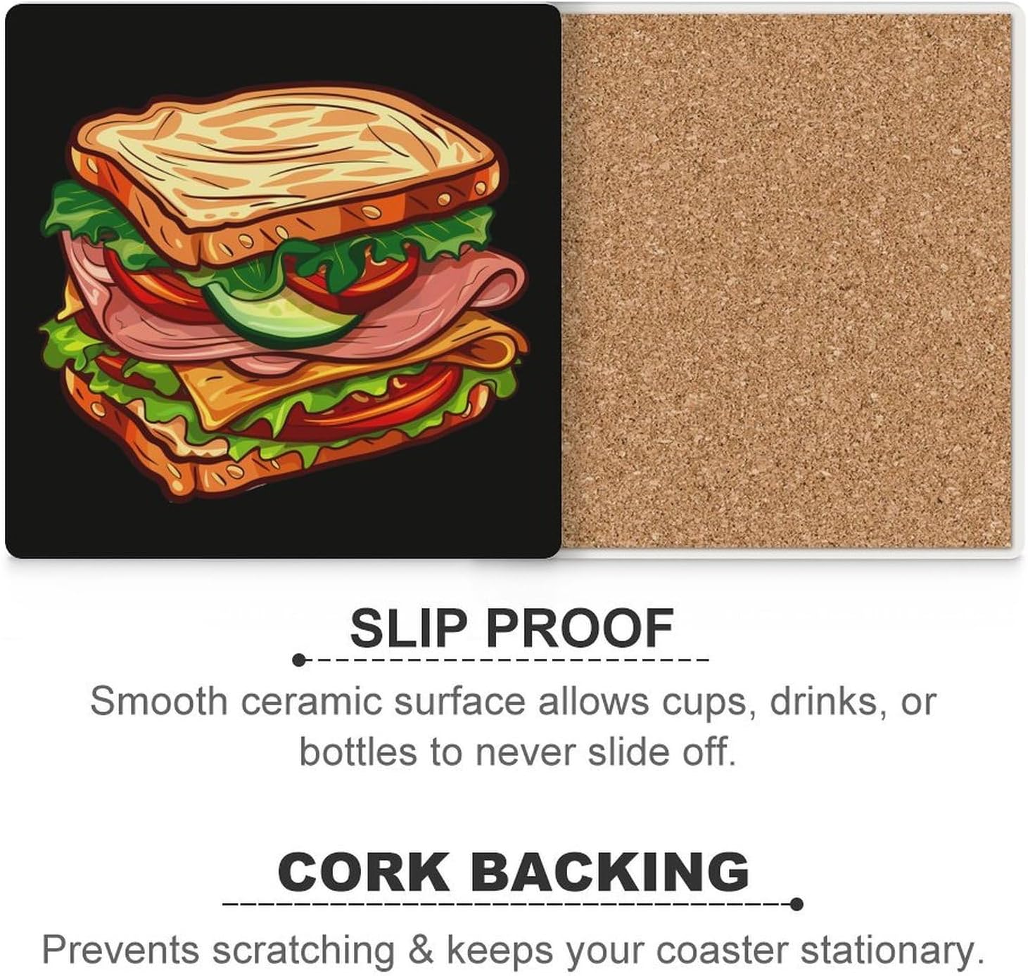 Sandwich Whole Wheat Turkey Ham Coaster for Drinks Square Ceramic Table Coasters Stone Mat Crafts 4PCS Home Kitchen Decor