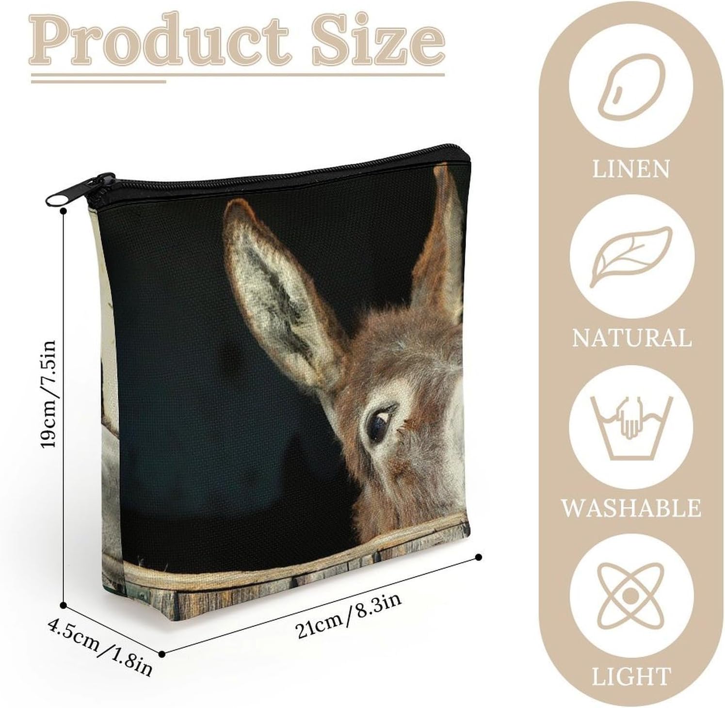 Funny Donkey Linen Cosmetic Pouch with Secure Zipper, Lightweight Washable Multi Purpose Toiletry Storage Bag, Portable Makeup Carry Sack for Holiday Trip Daily Organiser image 2