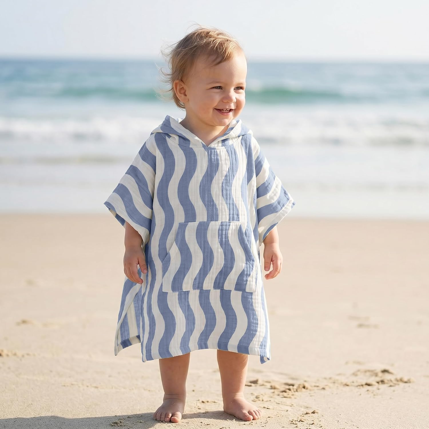 guruixu Muslin Hooded Baby Beach Towel, 4-Layer 100% Cotton Toddler Beach Poncho with Pocket, Soft Quick-Dry Hooded Swim Cover-Up for Pool, Beach & Bath, Boys & Girls 0-3 Years