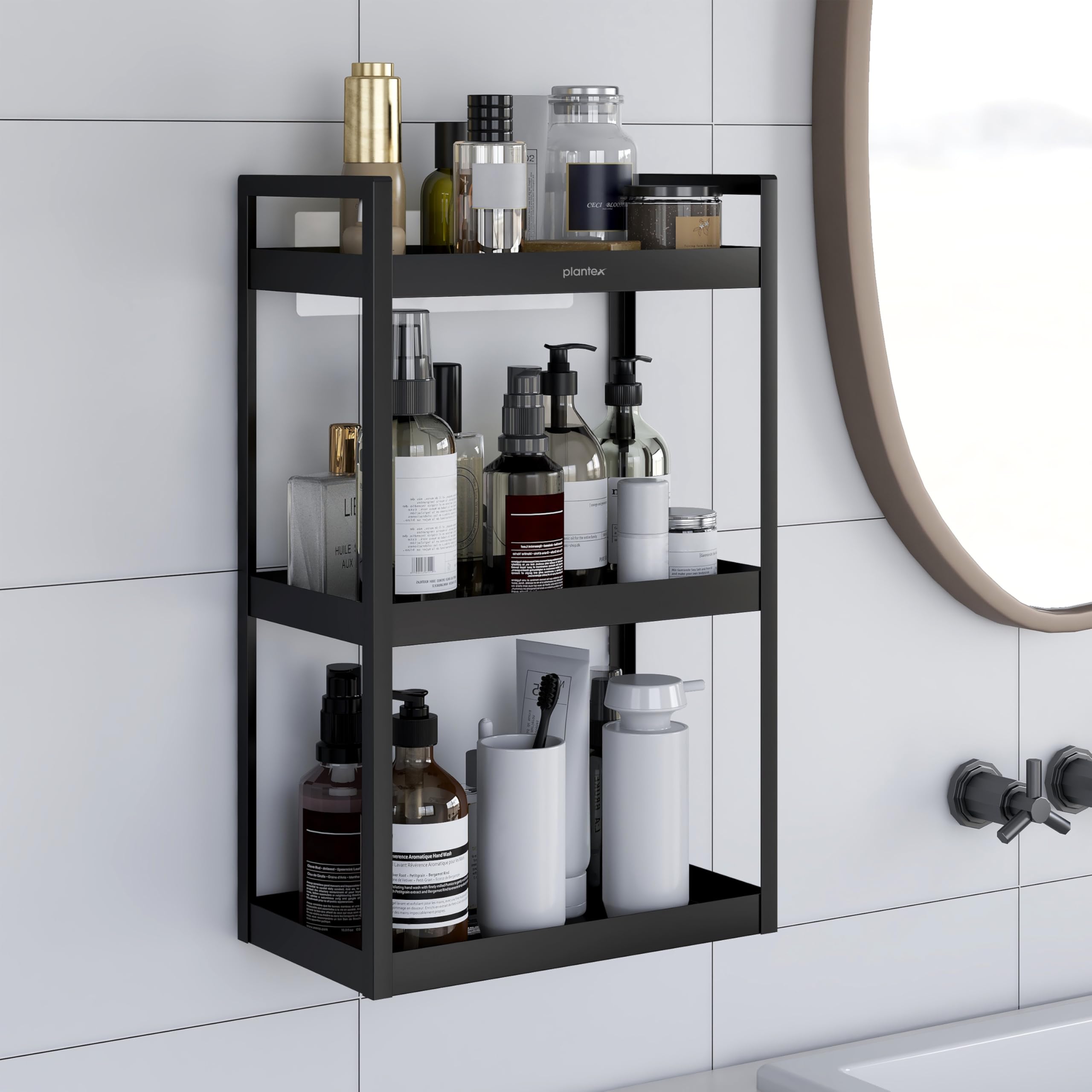 Plantex 3 Tier Self Adhesive Bathroom Shelf/Multipurpose Bathroom Countertop Storage Shelf/Metal Standing Spice Rack Storage Organizer for Kitchen(Black, Powder Coated)-image-25