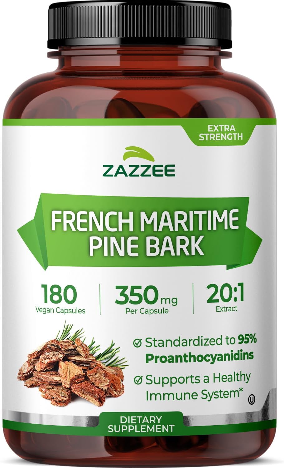 Zazzee Extra Strength French Maritime Pine Bark Extract 20:1, 350 mg Per Capsule, 95% Proanthocyanidins, 180 Vegan Capsules, 6 Month Supply, Certified Kosher, Antioxidant Support, Non-GMO, Made in USA
