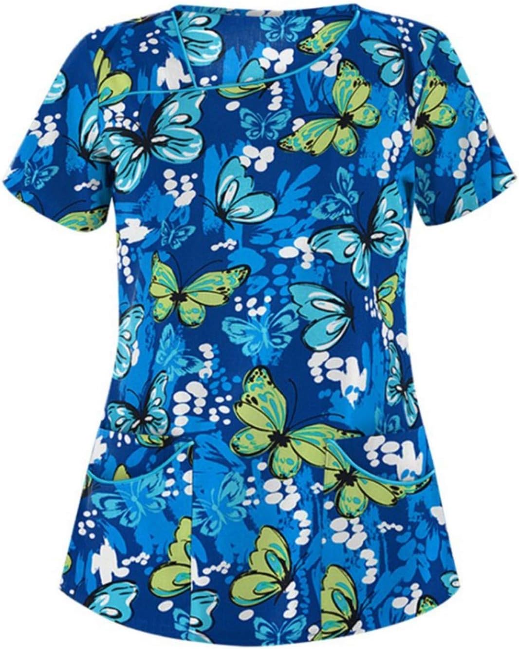 Freebily Women Tops Working Uniform T-Shirt Short Sleeve V-Neck Printed Tops with Pockets