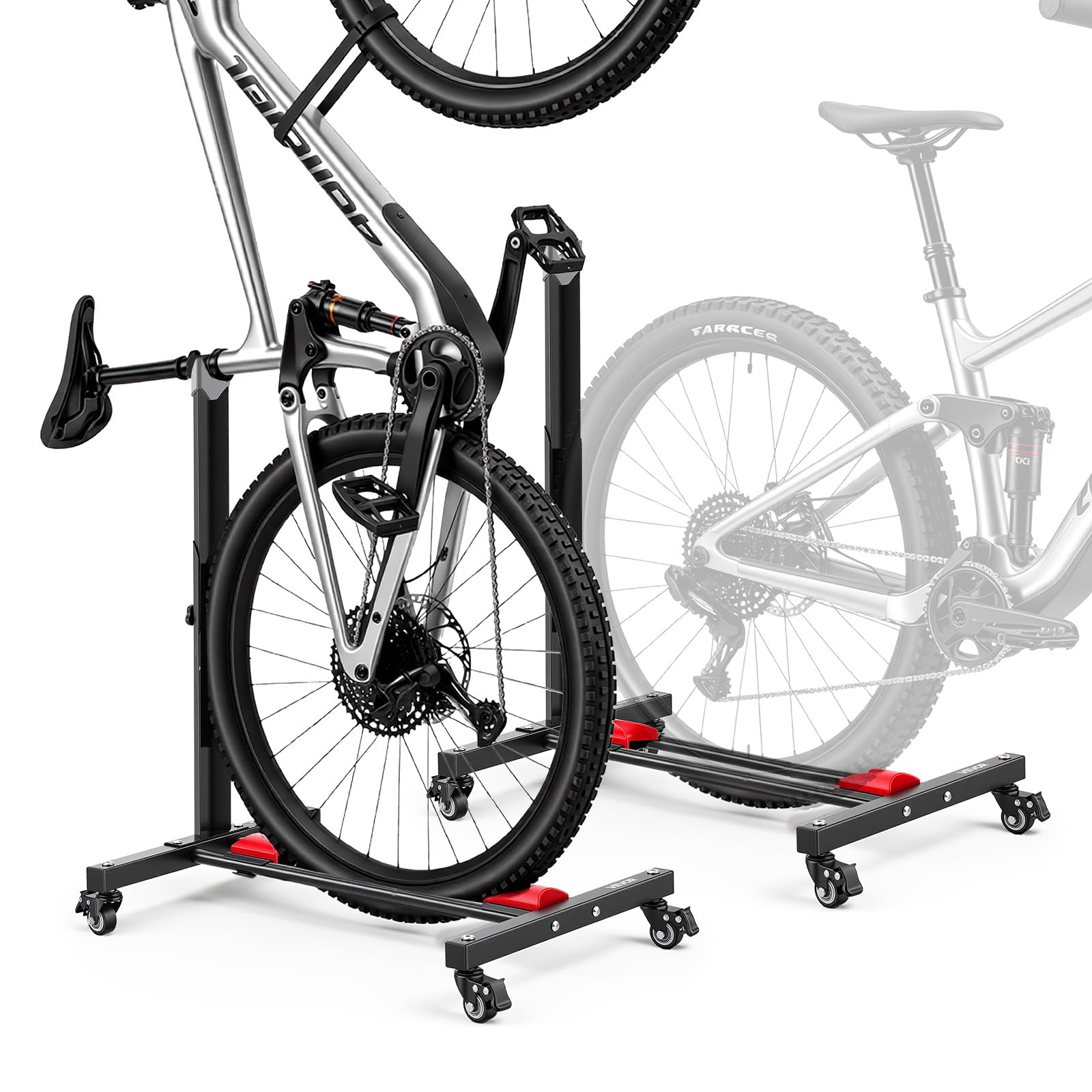 VEVOR Soporte para Bicicleta de Acero con Ruedas 360°, Altura Ajustable, Portabicicletas Independiente con Bloqueo, Uso Vertical y Horizontal para Ruedas de 20 a 29 Pulgadas (508 a 737 mm), Juego de 2