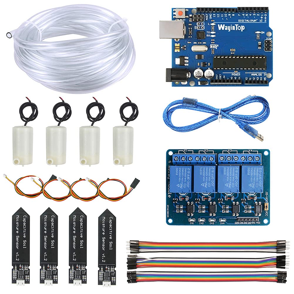 Sistema de Riego Automático DIY Kit, Desarrollo Placa + 4 Canal 5V Relé + 4pcs Sensor de Humedad del Suelo + 4pcs Mini Bomba de Agua DC 3V 5V + 5M Tubería Agua PVC + Jumper Cable
