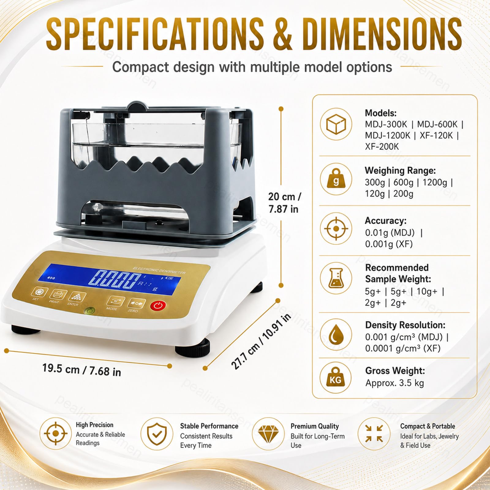 Goldreinheitsprüfer, Gold- und Silber-Dichtemessgerät, Edelmetall-Analysegerät mit Digitalanzeige, 0,01 g/0,001 g Genauigkeit, druckerfähig, für Juwelier, Pfandhaus und Labor 300K
