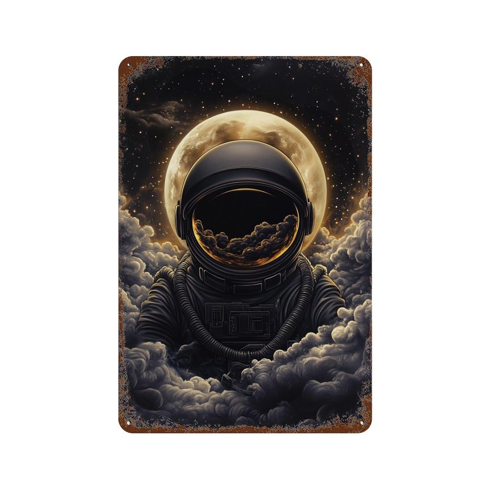 Rust Effect Space Explorer Astronaut in Clouds Rustic Tin Plaque 11.8"x7.9", Classic Wall Plaque for Shed, Workshop And Garage Wall Decor