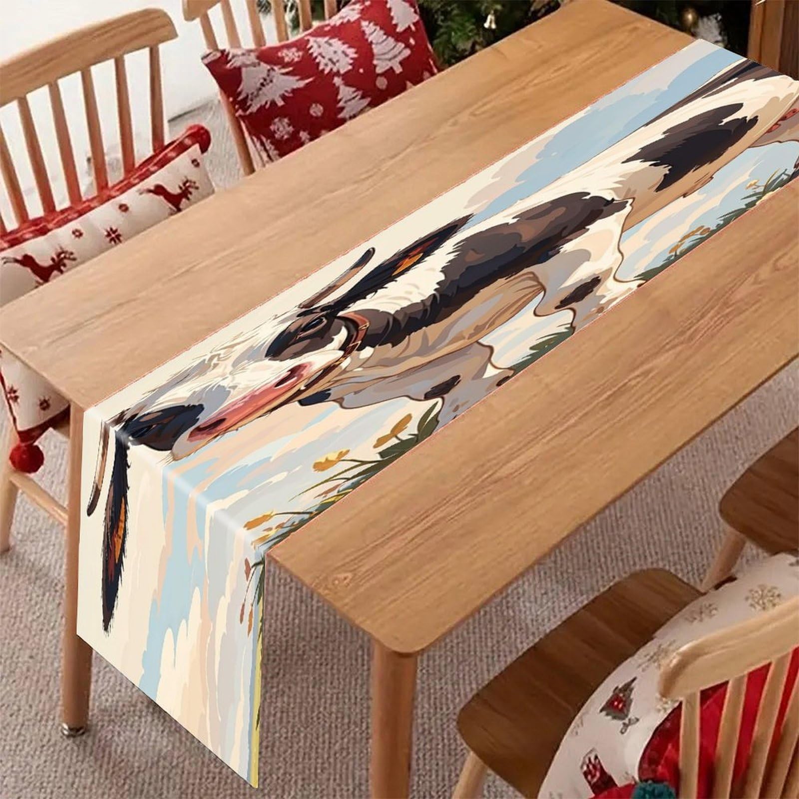 Dairy Cow Table Runner Modern Art Farmhouse Linen Table Runner Dresser Scarf Seasonal Kitchen Dining Table Decoration Dresser Scarves for Home Party Decor 13x70 Inch
