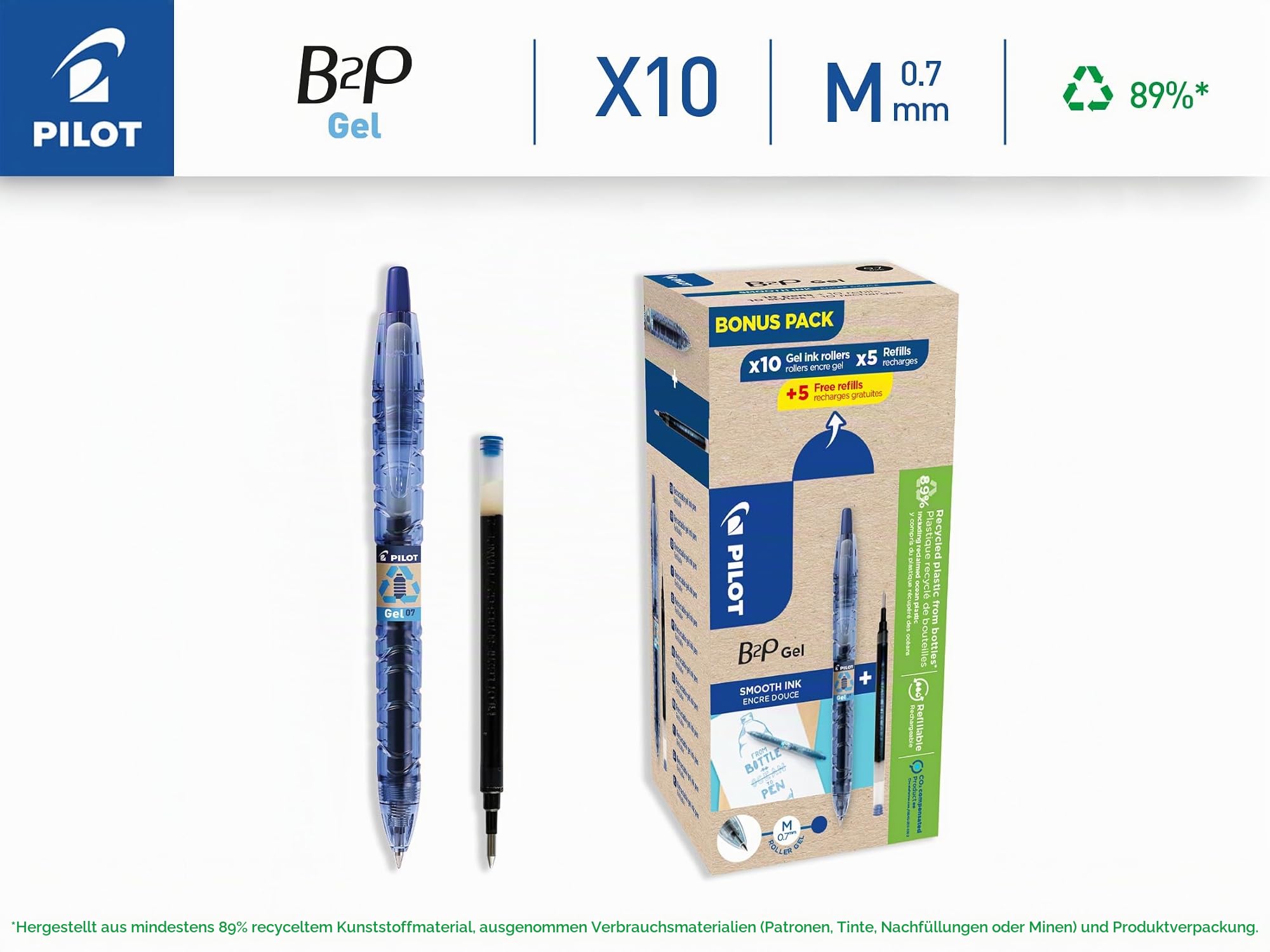 PILOT - 10er-Set B2P Gel + 5 Nachfüllungen + 5 Gratis - Tintenroller - Einziehbar und Nachfüllbar - Recycelter Kunststoff - Blau - Mittlere Spitze