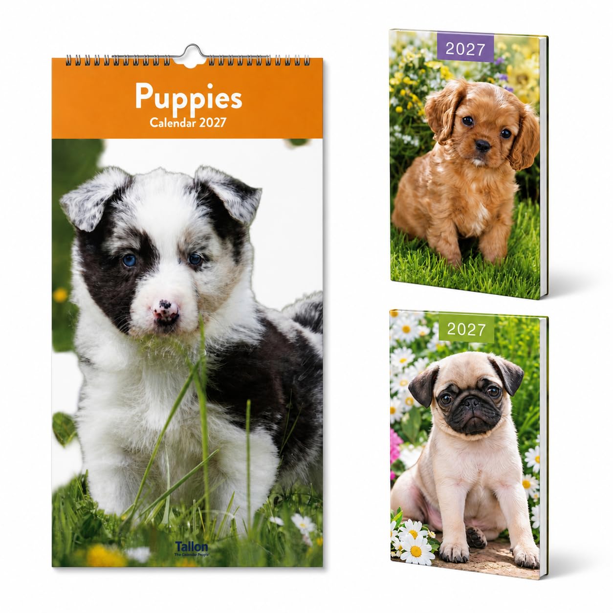 Puppies Calendar 2027 with 2 Slim Week to View Puppy Photo Diaries, 39 x 23 cm Wall Calendar, Monthly Dog Pictures, Portable 2027 Planners for Home Office Organisation, 3 Piece Set