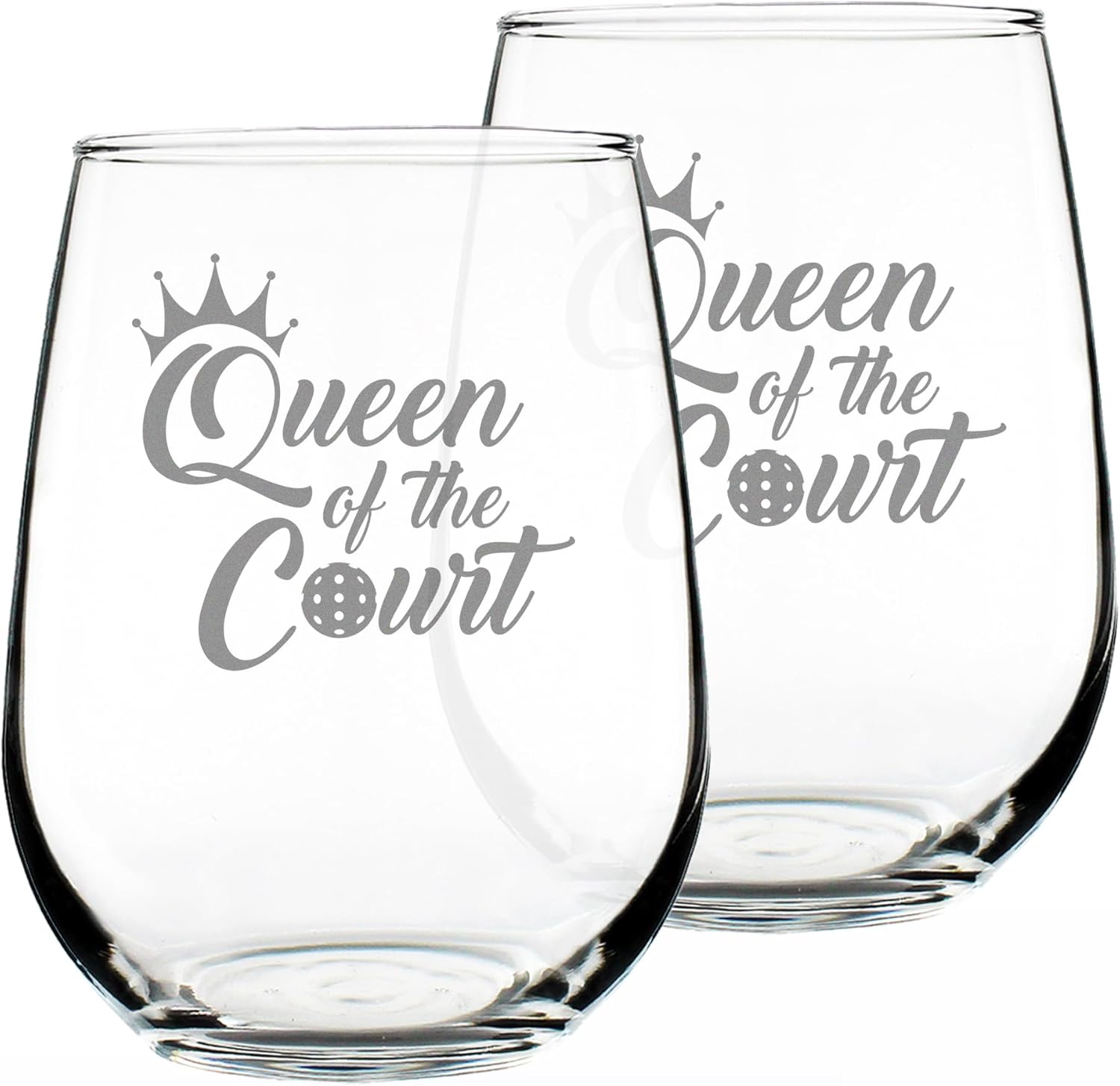 Bevvee Queen of the Court Stemless Wine Glass - Pickleball Gifts for Women - Pickleball Themed Décor - Set of 2 - Large 17 Oz Glasses