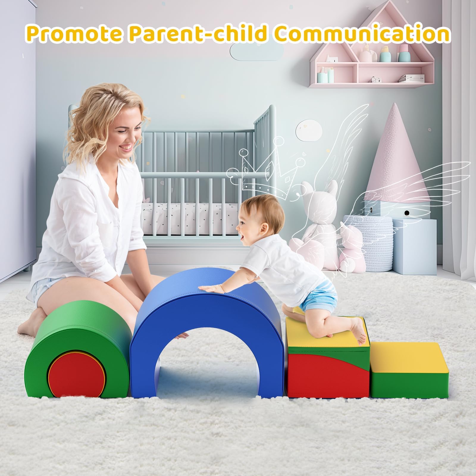Schaumstoff Bausteine Kinder, Kletterbausteine aus Hochdichteschaumstoff, rutschfeste PU-Hülle, Motorikspielzeug & Montessori Spielzeug für Babys und Kleinkinder (Tunnel – farbig)