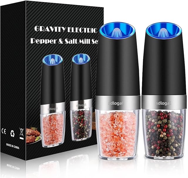 Gravity Electric Salt and Pepper Grinder Set, Battery Operated, Automatic Salt and Pepper Mills with Blue Light(Black, 2pcs/Pack), Adjustable Coarseness,One Handed Operation,Cleaning Brush