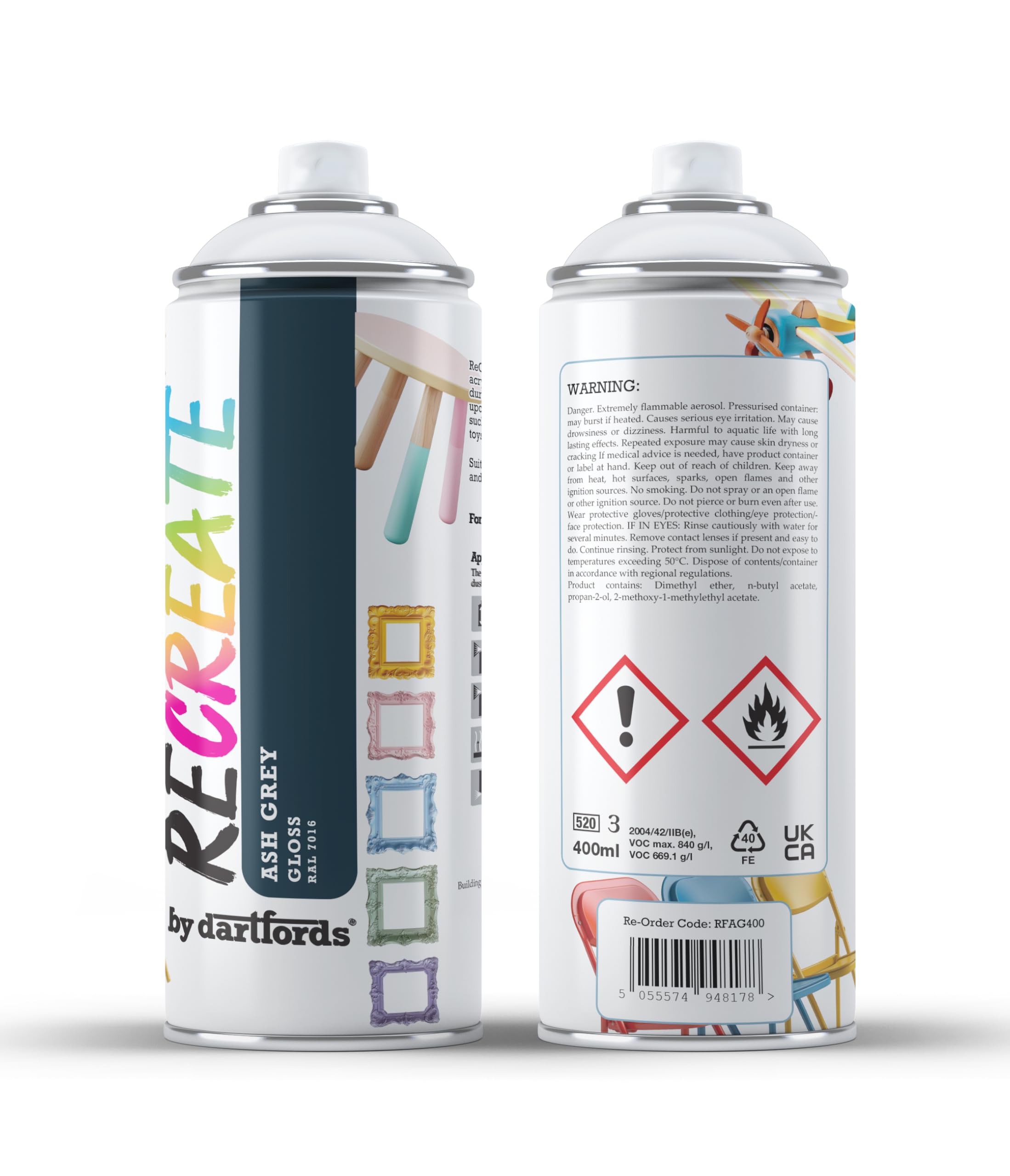 RECREATE Ash Grey Gloss Spray Paint for Wood, Metal, Plastic | Quick Drying, Smooth, Durable, Easy-to-Apply | Suitable for Indoor/Outdoor | For Furniture, Craft, Doors, Ornaments, Pots, Frames