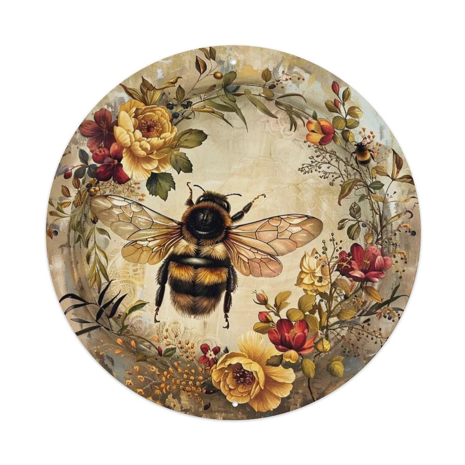 Vintage Bee And Floral Wreath Retro Metal Tin Sign, Vintage Metal Poster for home, Gaming Room, Studio Workshop,Bar,Garage Wall Art Decor 8x8 inch