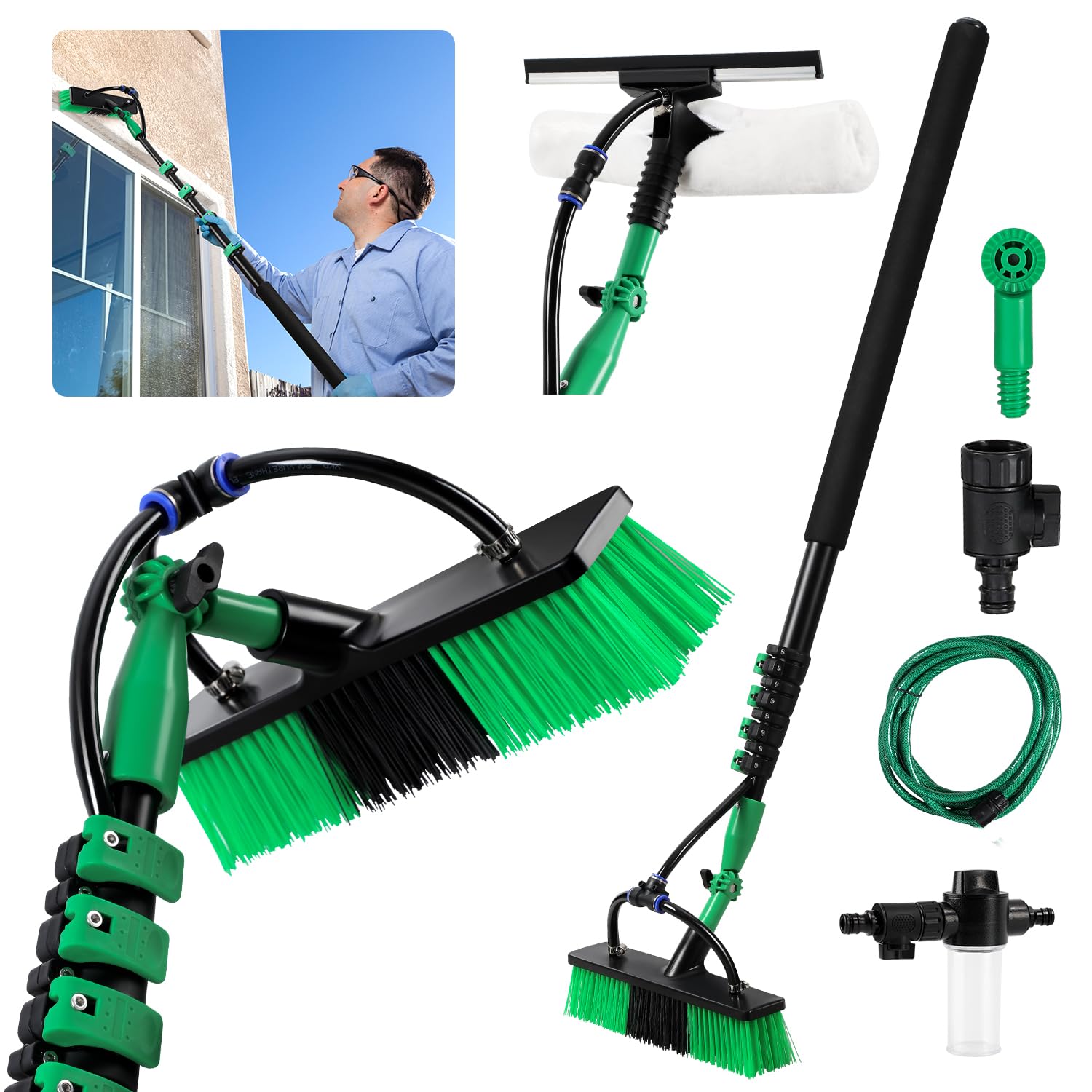 Eulenke Cepillo telescópico de 3,6 m con conexión de agua, cepillo de lavado telescópico, cepillo de lavado con mango telescópico de aluminio, techo de terraza limpio, con cerdas suaves, limpieza de