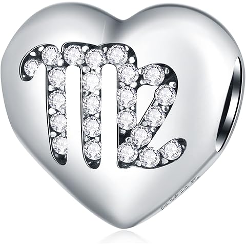 12 Zodiac Signs with Clear CZ Heart Charms, 925 Sterling Silver Constellation Beads...