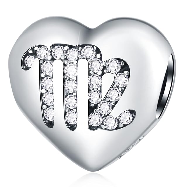CRISNATA 12 Zodiac Signs with Clear CZ Heart Charms 925 Sterling Silver Constellation Beads fits European Birthday Bracelet