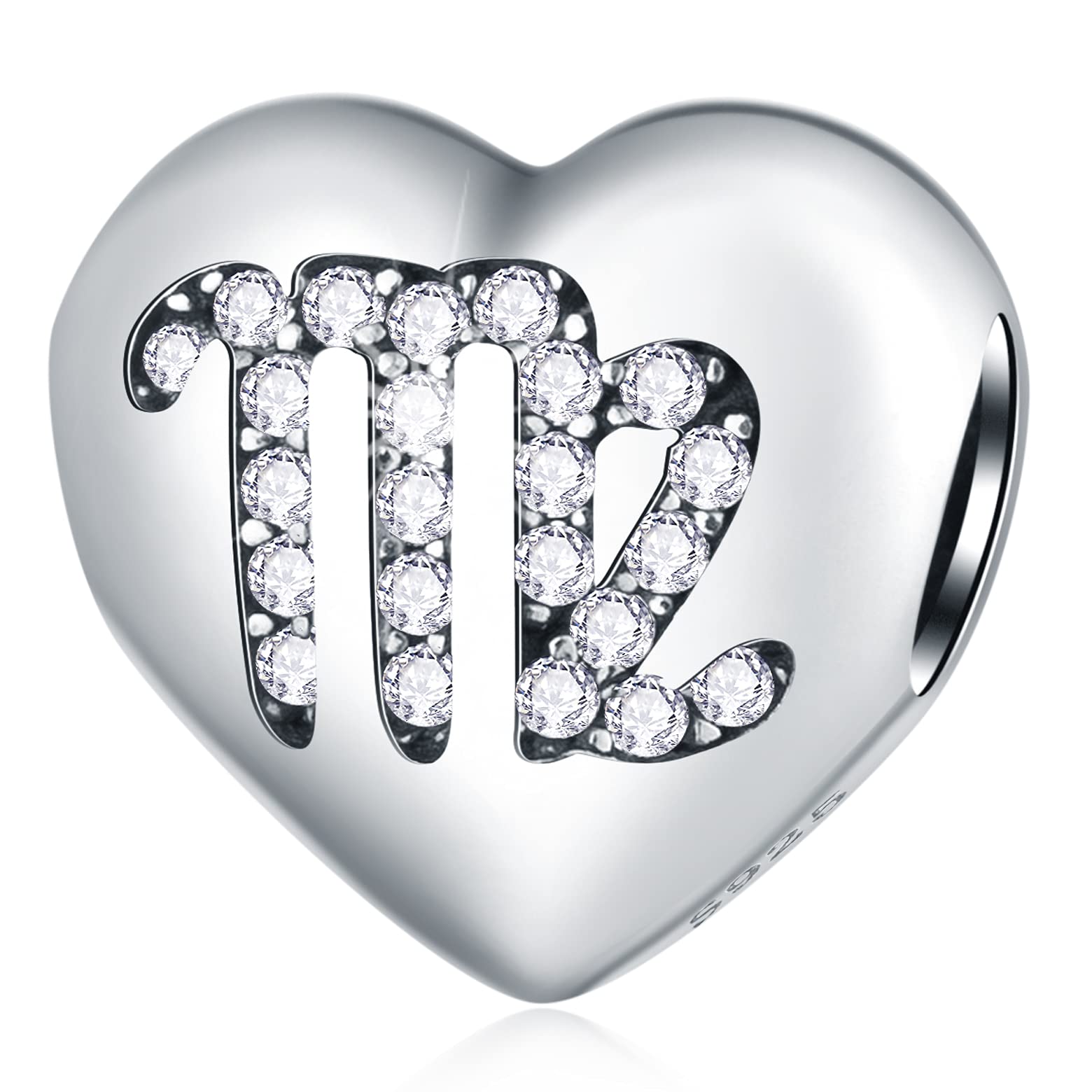 CRISNATA 12 Zodiac Signs with Clear CZ Heart Charms 925 Sterling Silver Constellation Beads fits European Birthday Bracelet