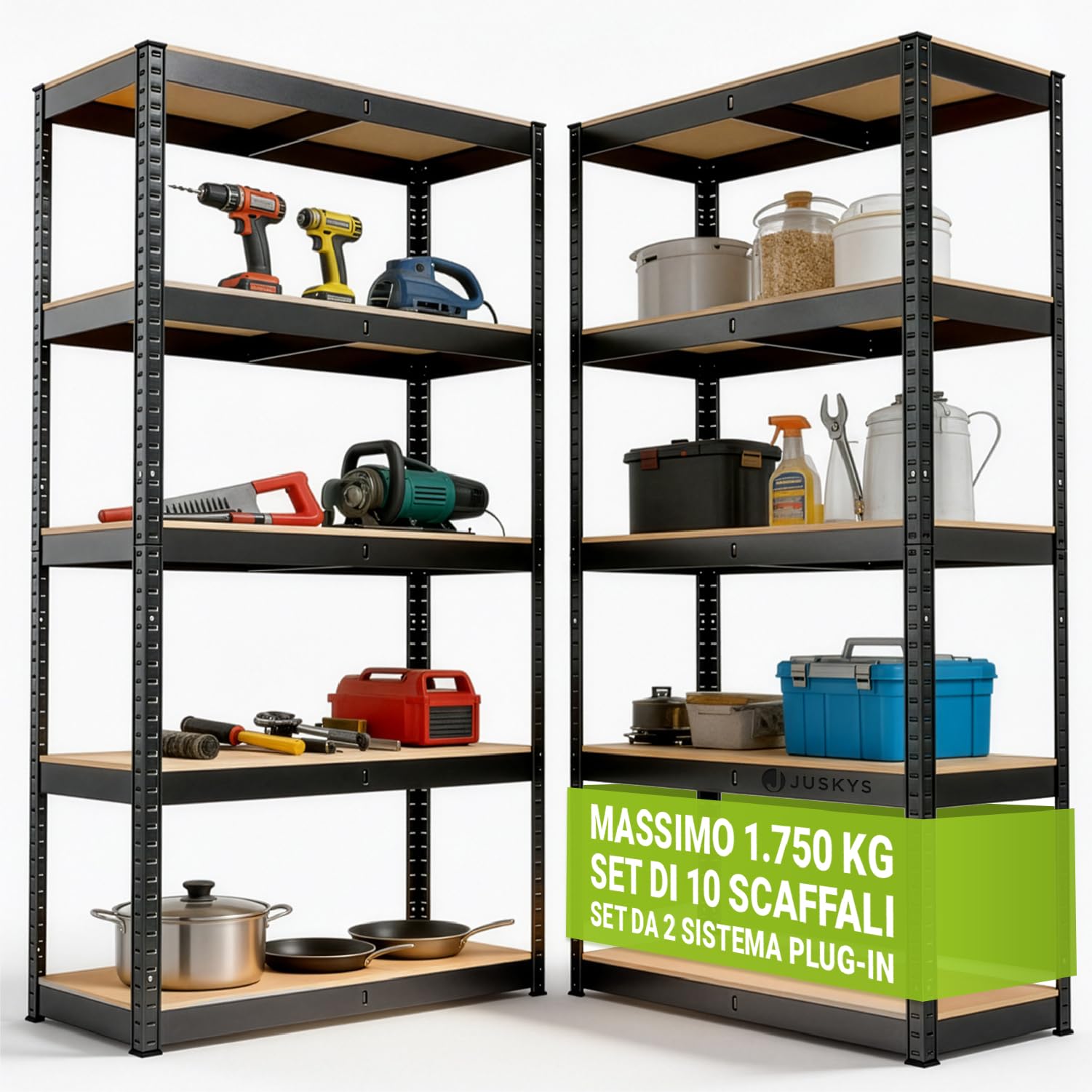 Juskys Set 2 scaffali Basic 2X 180x90x40 cm (AxLxP) | 1750 kg | 10 ripiani | struttura a incastro per officina, garage, cantina – metallo zincato - Grigio