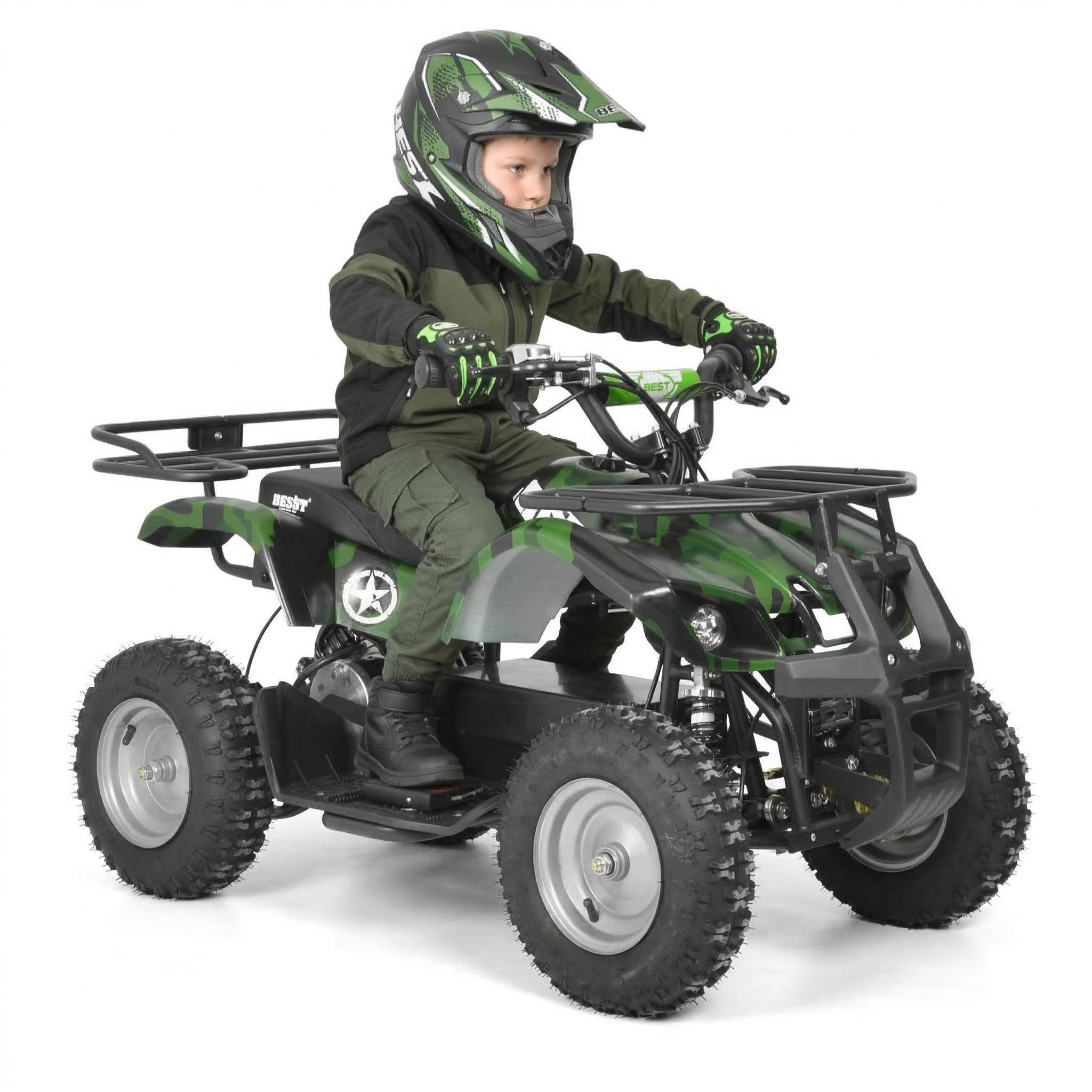 HECHT Elektro Kinderquad bis 25 km/h – Offroad Quad für Kinder mit 1000 W Motor, 36 V/12 Ah Blei-Gel-Akku, 3 Fahrstufen, Scheibenbremsen vorn/hinten & verstellbarer Federung (Army)
