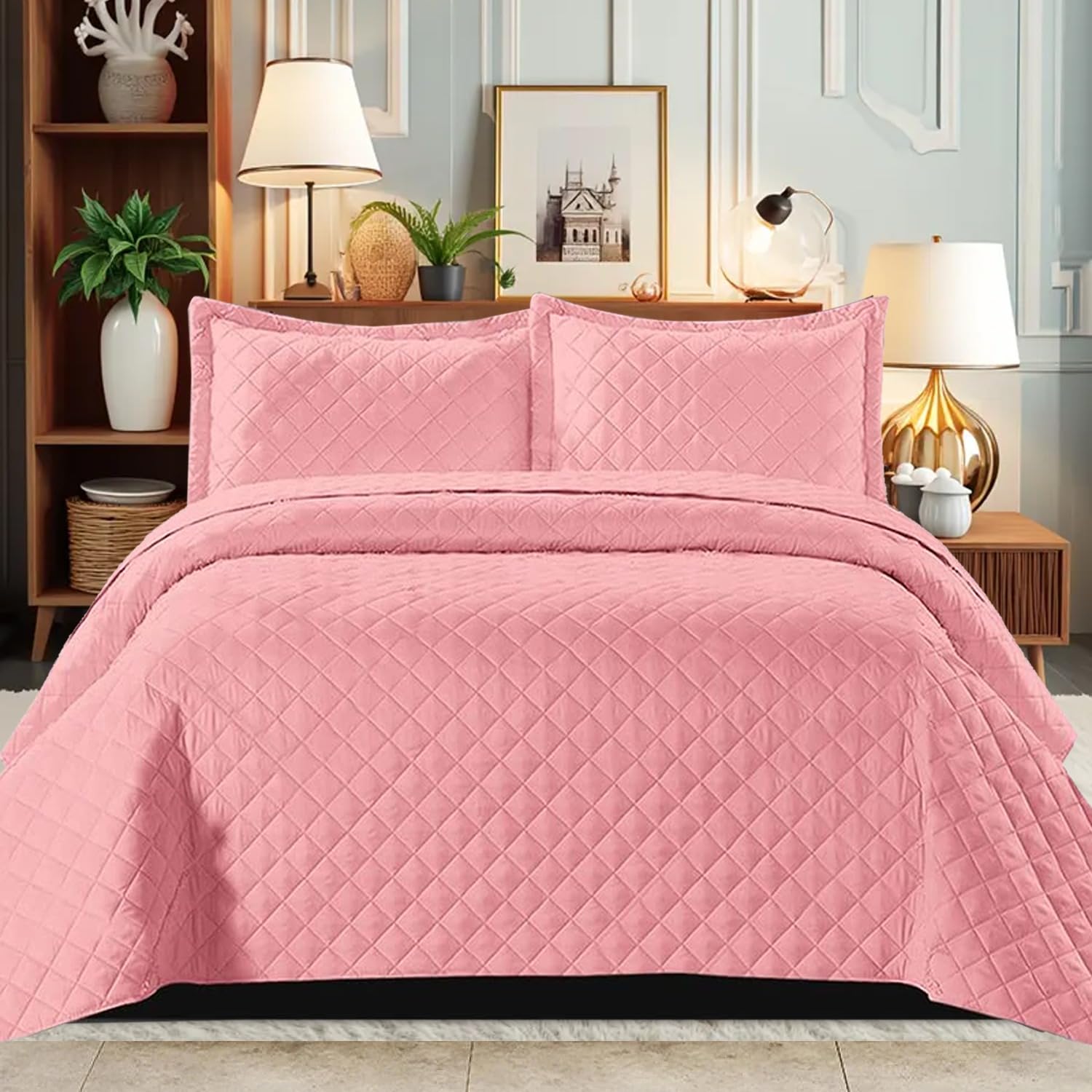 B&B Quilted Bedspread Bed Throws - Luxury Embossed Diamond Check Pattern Reversible Quilt Bedspreads Coverlets for Bedroom Decor with Matching Pillow Shamss (Double, Pink)
