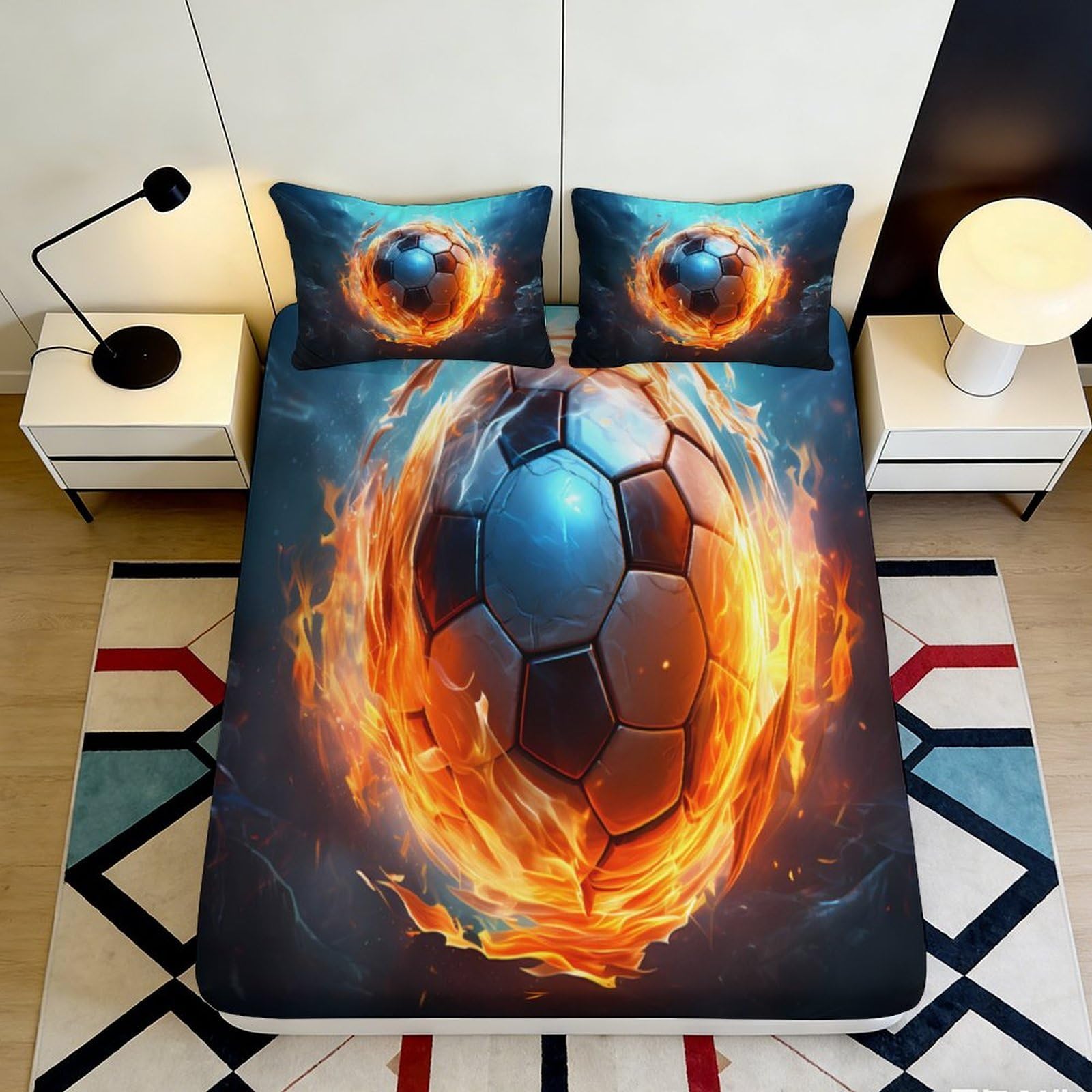 3D Printed Fire Soccer Fitted Sheet Microfiber Soft Breathable Flaming Ball Bed Cover for Bedroom Guest Room Decor 90x200x25cm