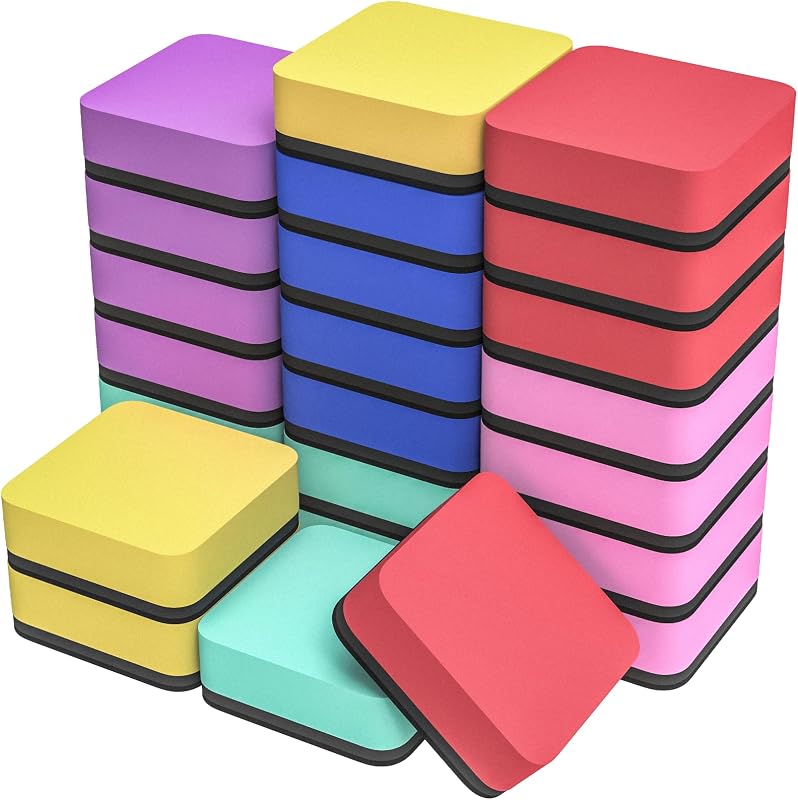 Borradores de borrado en seco, paquete de 24 borradores magnéticos para pizarra blanca, 6 colores | Mini almohadillas de limpieza para pizarra blanca con fuerte respaldo magnético, 2 "x 2" para aula, escuela, oficina y hogar, suministros para profesores