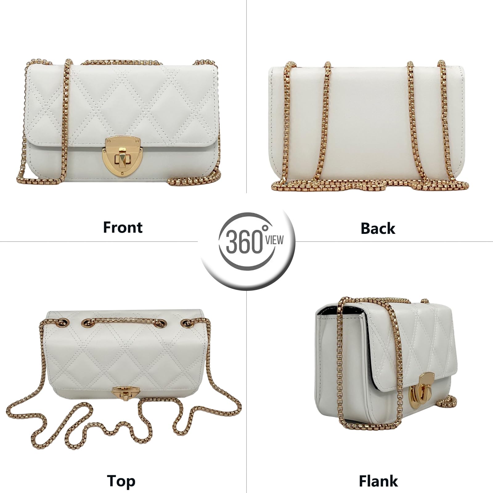 PORT&LOTUS White Mini Quilted Purses for Women Quilted Crossbody Bags for Women Diamond Pattern Small Shoulder Bags for Ladies with Gold Chain Strap Dress Handbags for Evening