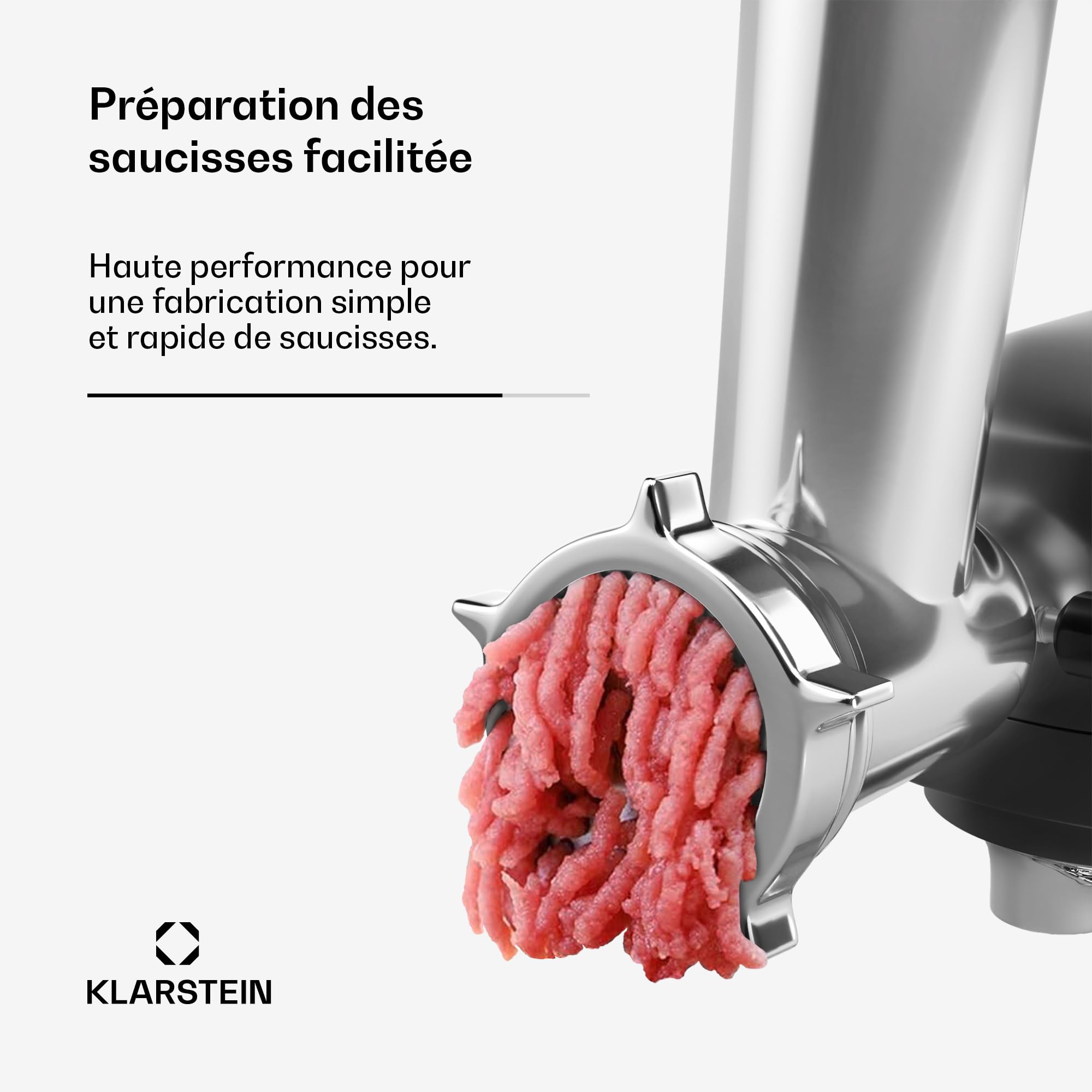 Klarstein Chiara hachoir pâtisserie – accessoire polyvalent, couteau 4 lames inox, 3 disques de coupe, préparation facile de saucisses, compatible avec le robot de cuisine Chiara
