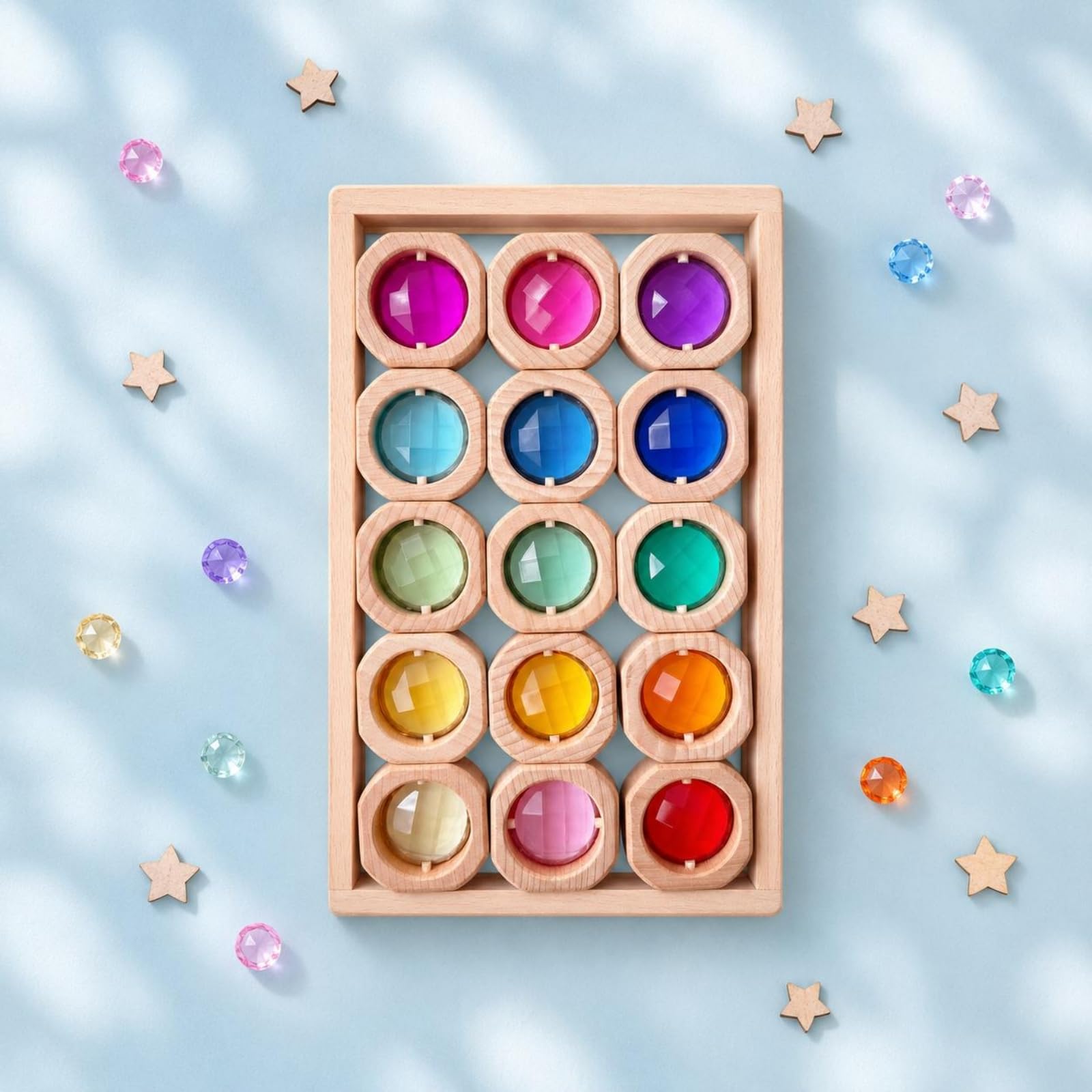 Kinder Bausteine Holzbausteine Acrylsteine Lernspielzeug Bauspiel Set aus Unbehandeltem Buchenholz mit Klaren Einsätzen für Lichtdurchlass Und