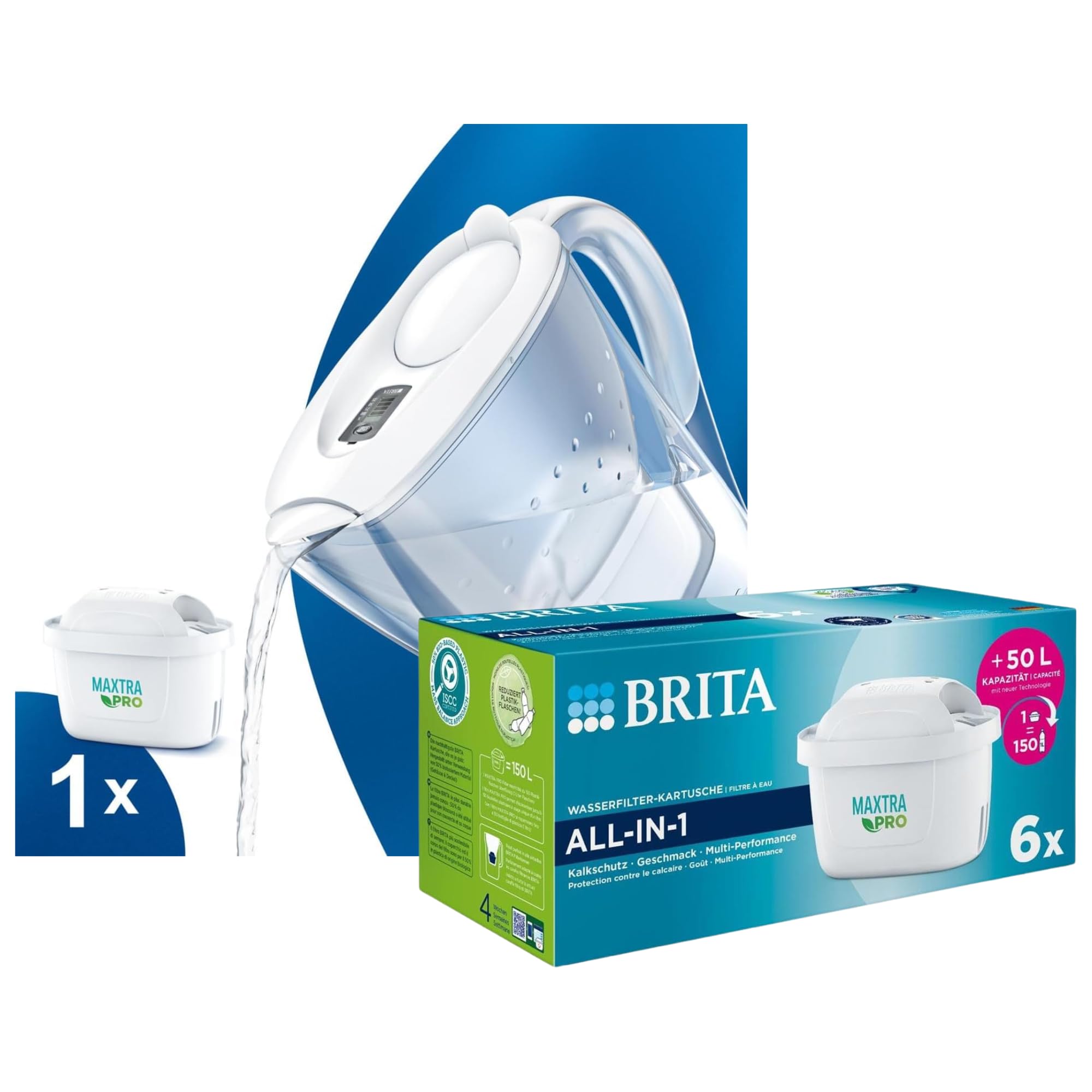Caraffa Filtrante Marella per acqua, Bianco (2.4l) - incl. 1 Filtro MAXTRA PRO per la riduzione di cloro, calcare e impurità + Cartuccia filtro acqua MAXTRA PRO All-in-1 Confezione da 6 (semestrale)