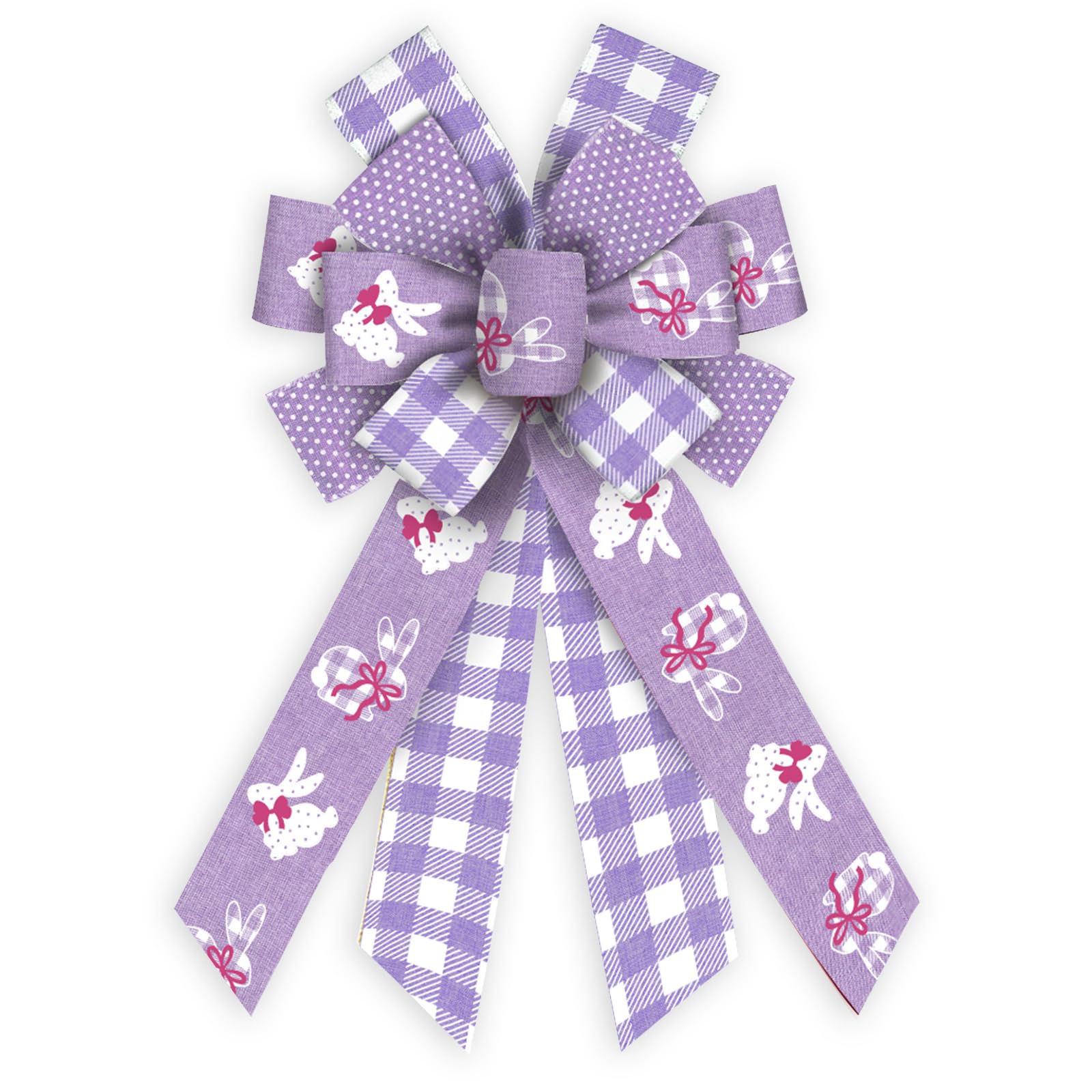 Threetols Easter Wreath Bows, Purple White Buffalo Plaid Bows for Wreath Easter Bunny Decorative Bows for Front Spring Easter Dot Ornaments Hanging Wreath Bow for Indoor Outdoor Decor