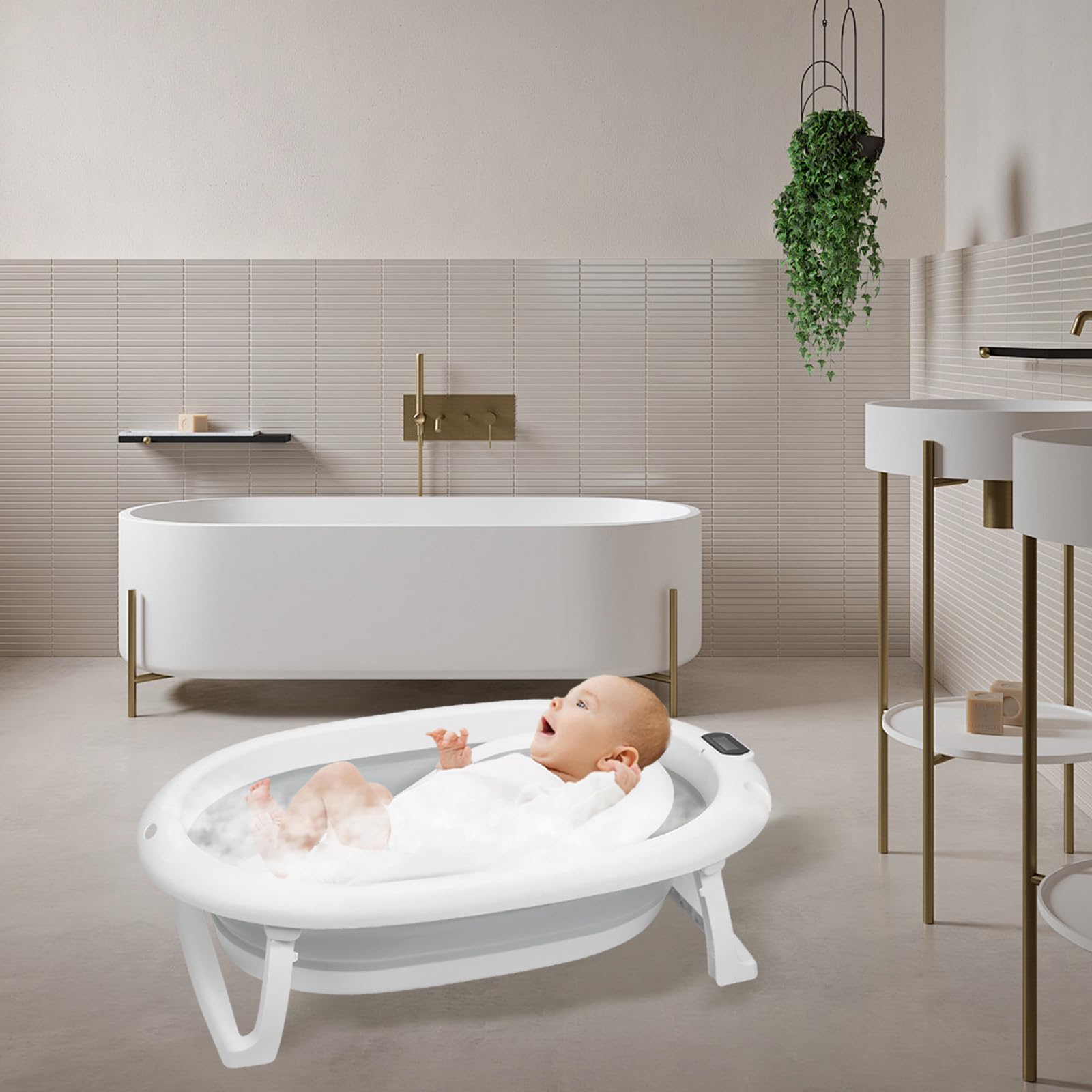3 en 1 Baignoire Pliable Bébé sur Pied – avec Tuyau de Vidange – Thermomètre Intégré – Coussin de Bain et Sangles d’Attache – Baignoire Pliable Bébé Évolutive – Cadeau de Naissance