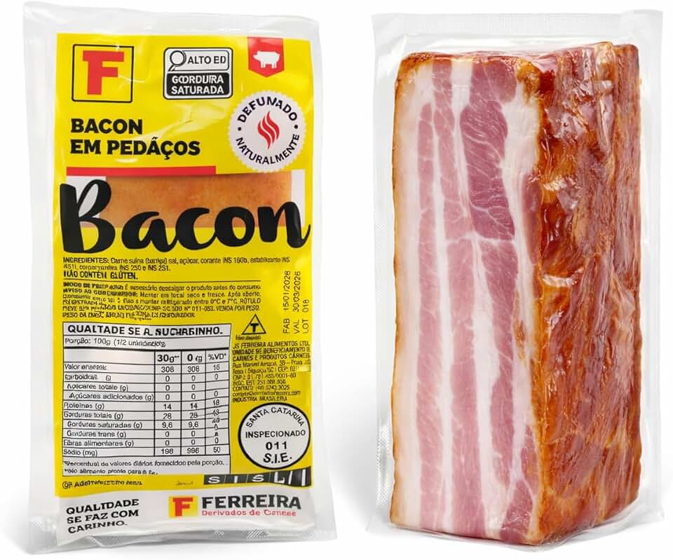 Bacon em Pedaços Defumado Naturalmente 250g Ferreira, Carne Suína, Corte Espesso, Embalado a Vácuo