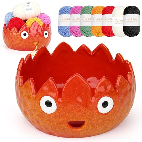 Coopay Flame Yarn Bowl for Crocheting/Knitting, Cute Yarn Storage Bowl with 7PCS Yarn, Large Size Ceramic Yarn Bowl Crochet Knitting Bowl for Beginners, Great Knitting Crochet Gift (6.8in) - 6.8in x 3.54in