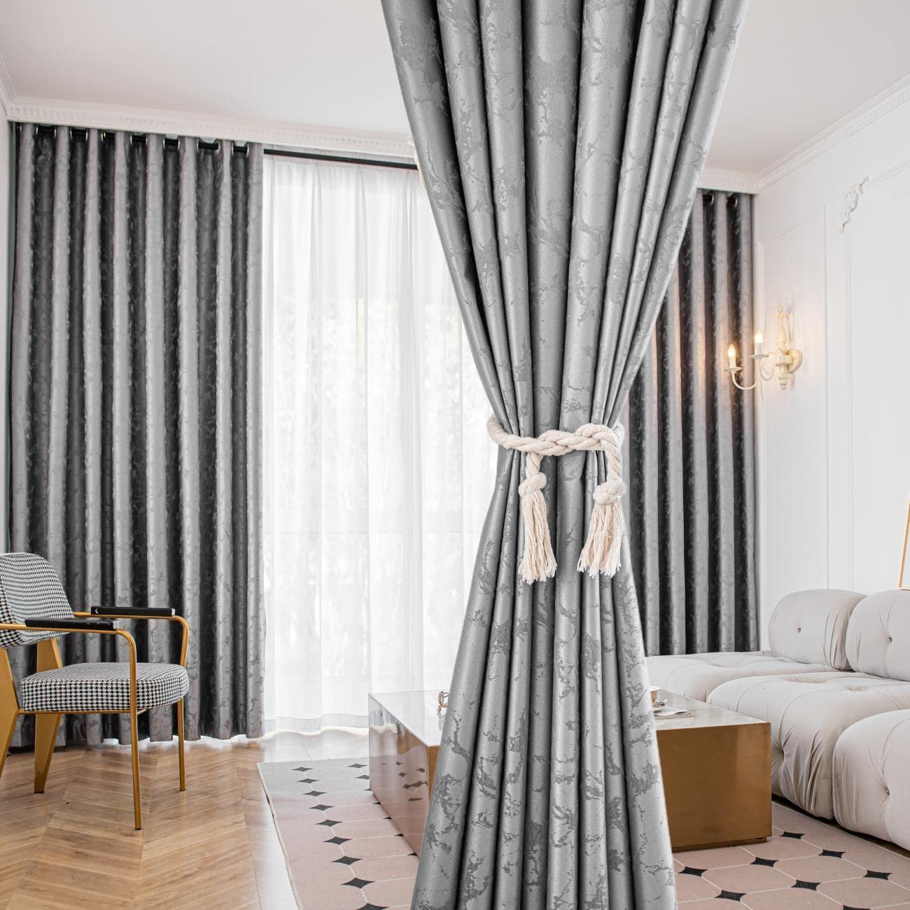 JUDA 2 Panels 100% Blackout Curtains for Living Room Thermal Insulated Bedroom Darkening Drapes for Basics Room Darkening Window Drape Top is Grommet Without Curtain Rod (grey, 300x270 cm)