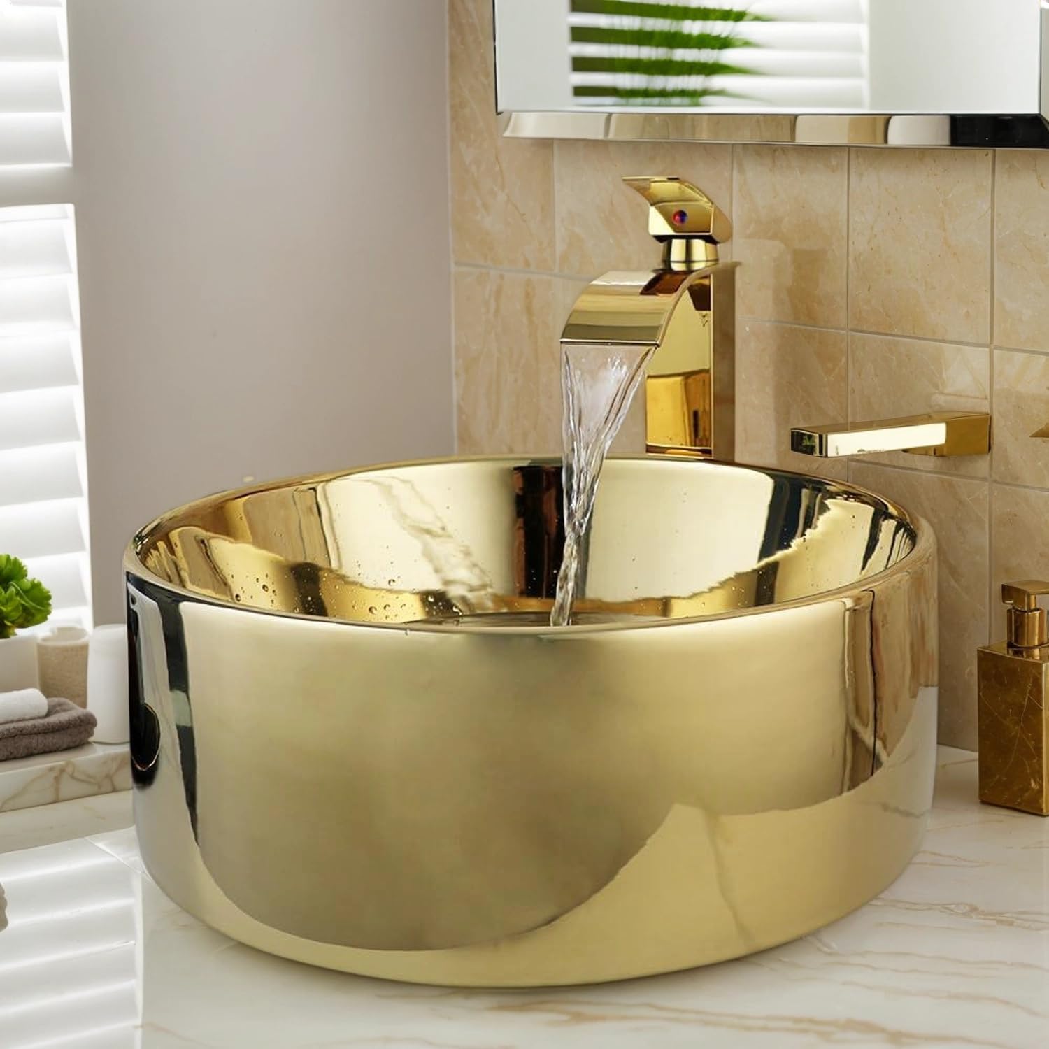 OUBONI 16 Round Ceramic Vessel Sink with Gold Faucet and Pop-Up Drain Combo, Bathroom Sink Above Counter Artistic Porcelain Vessel Sink Bowl with Plum Blossom Pattern